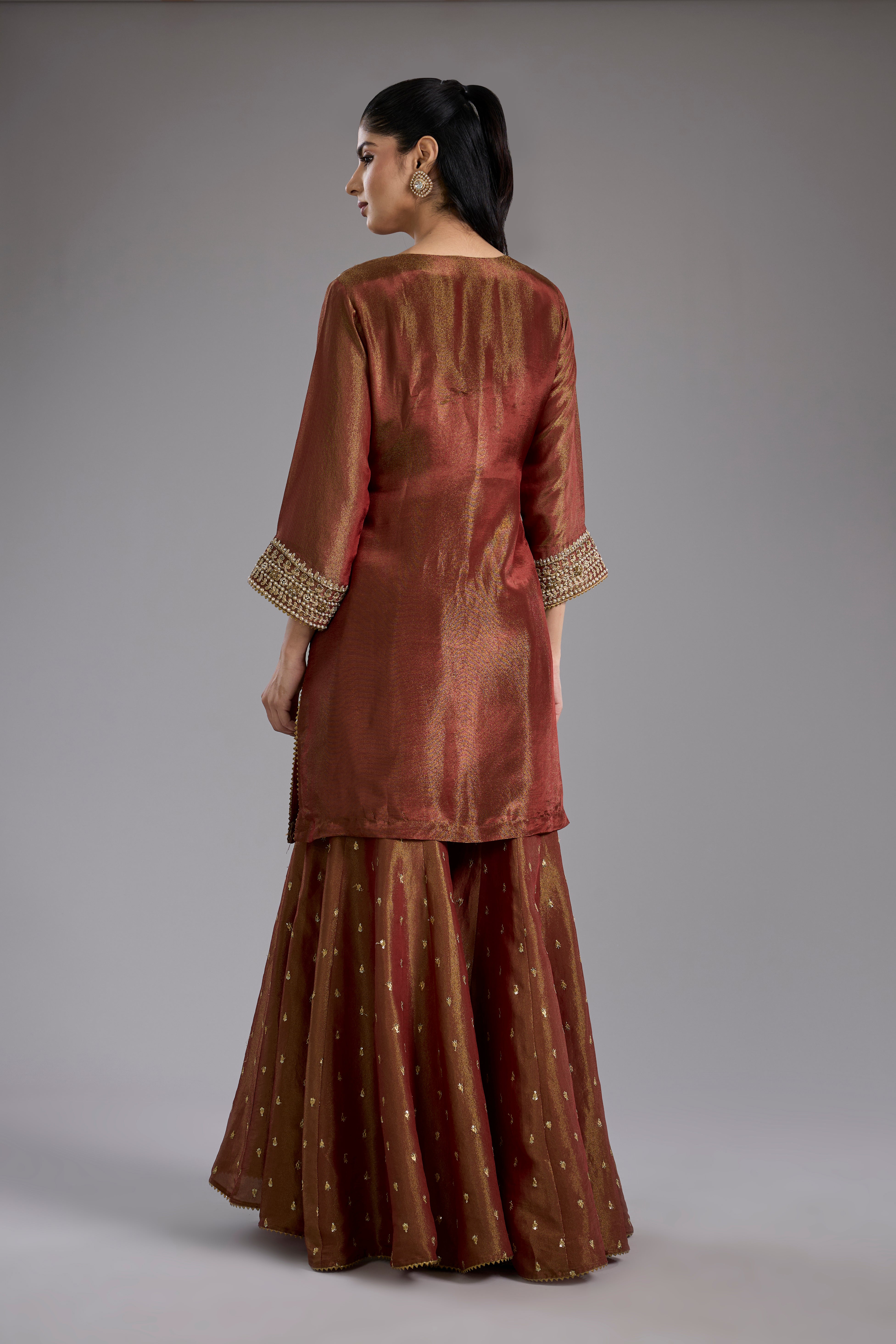 Maroon tissue dori hand embroidery sharara set