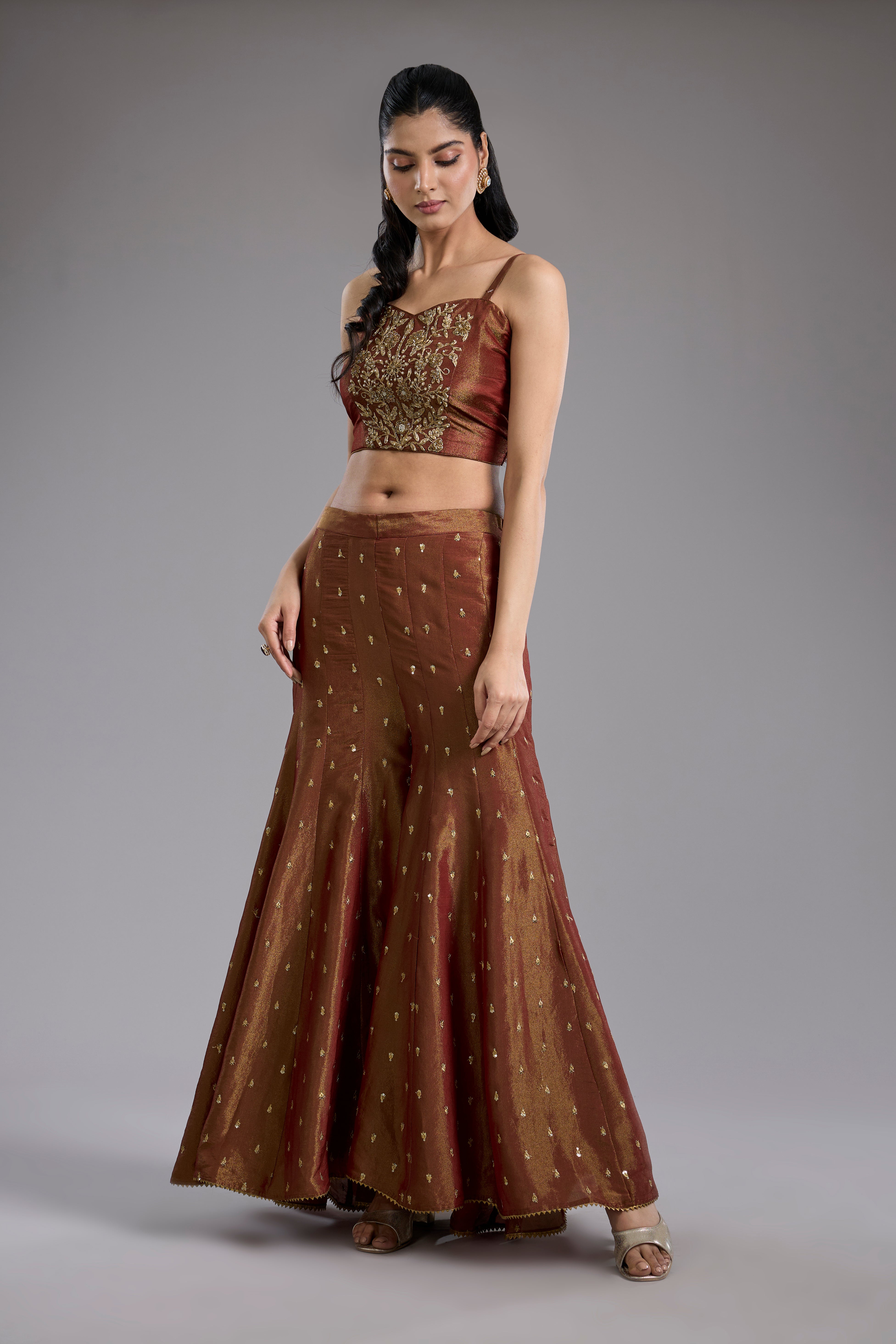 Maroon tissue dori hand embroidery sharara set