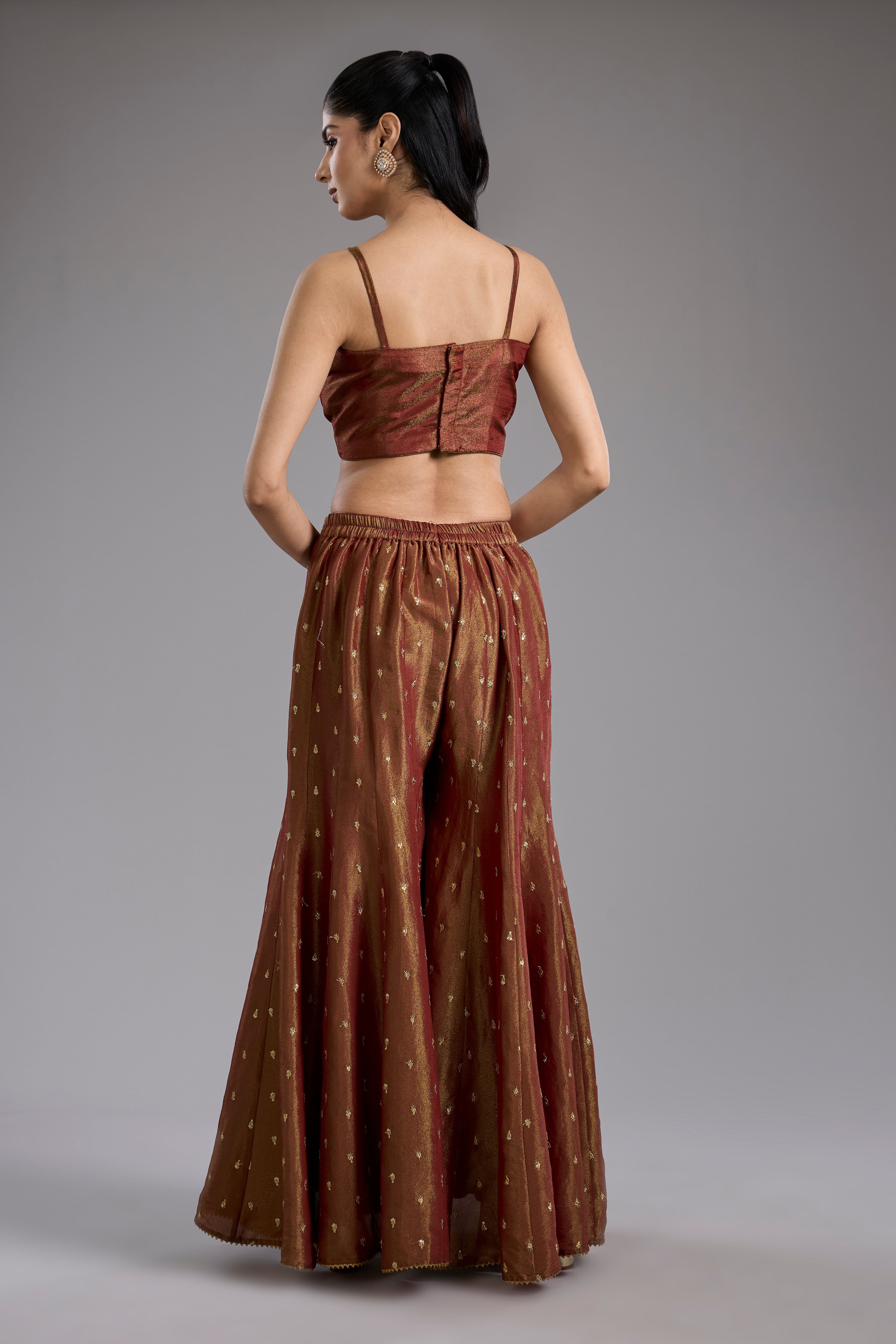 Maroon tissue dori hand embroidery sharara set