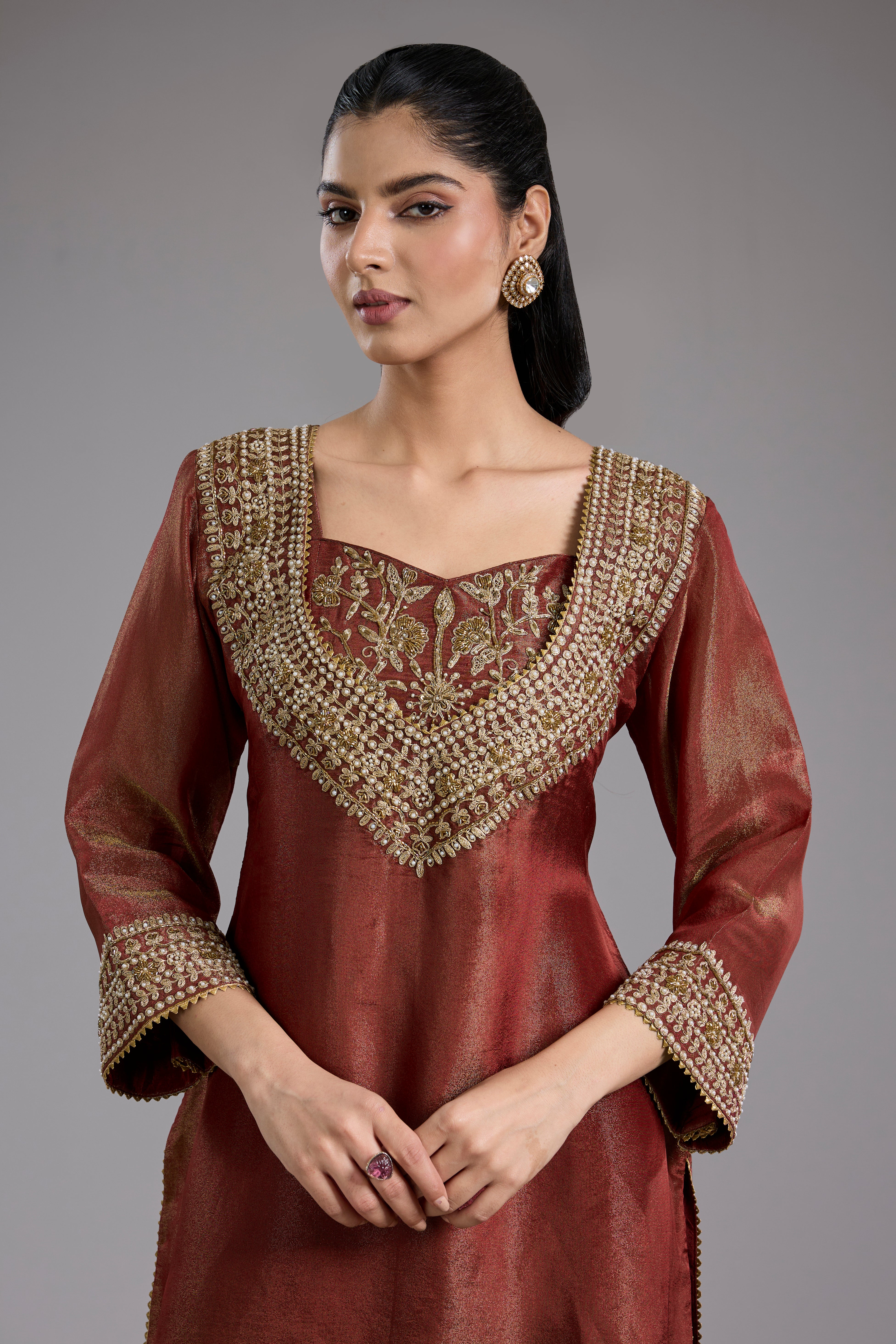 Maroon tissue dori hand embroidery sharara set