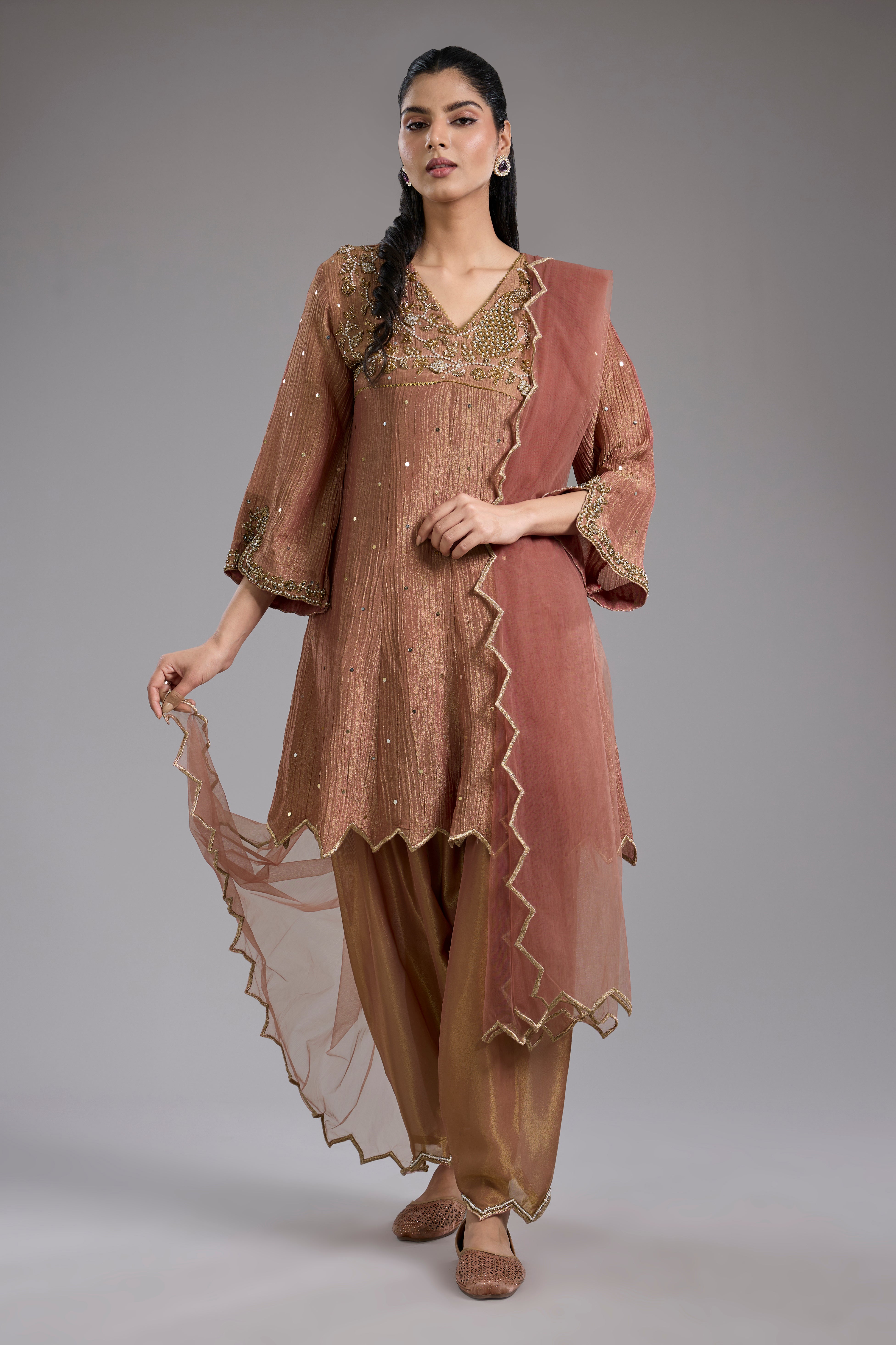 Pink crush tissue Anarkali with hand embroidery