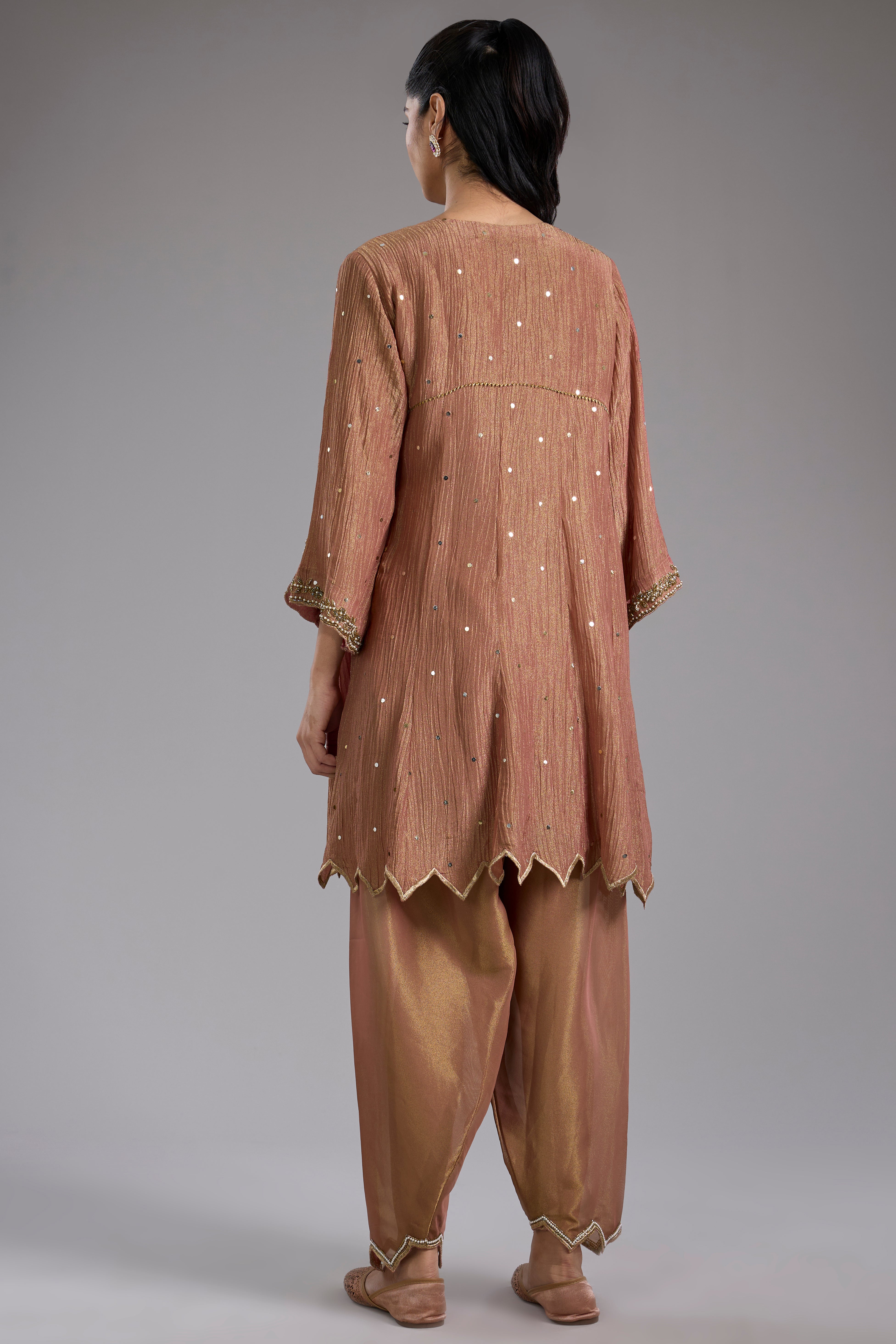 Pink crush tissue Anarkali with hand embroidery