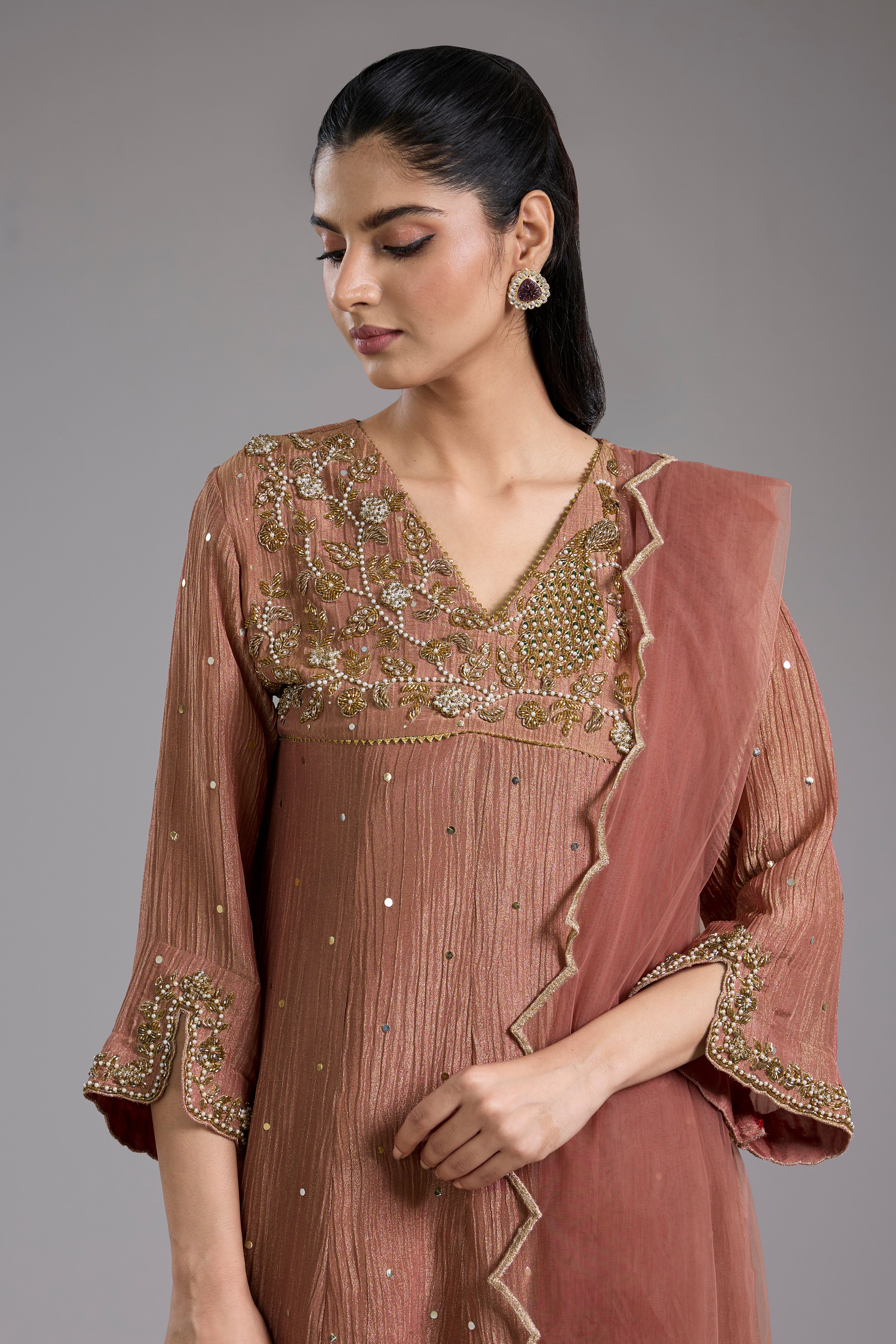 Pink crush tissue Anarkali with hand embroidery