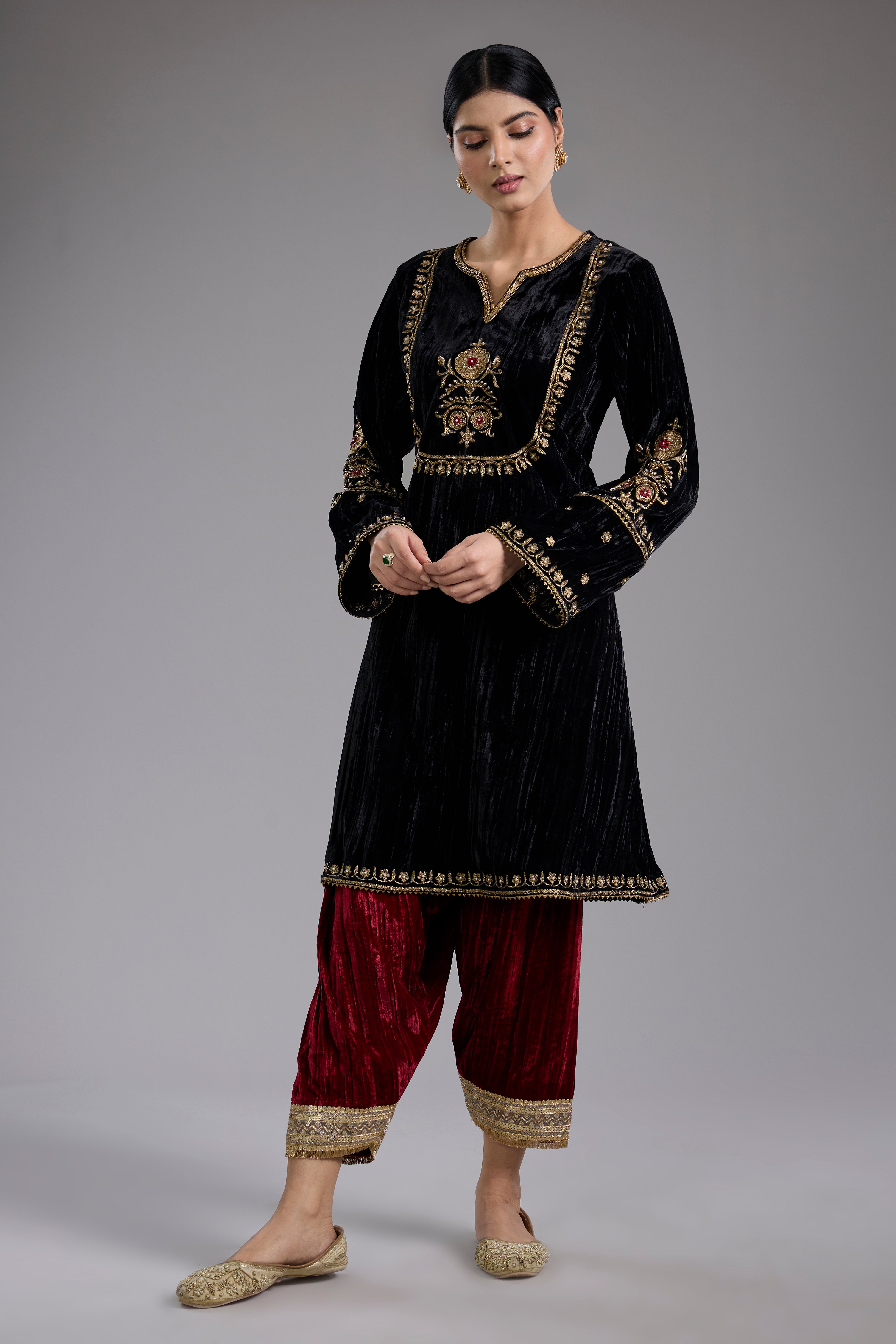 Black velvet Aari and hand embroidery kurta set