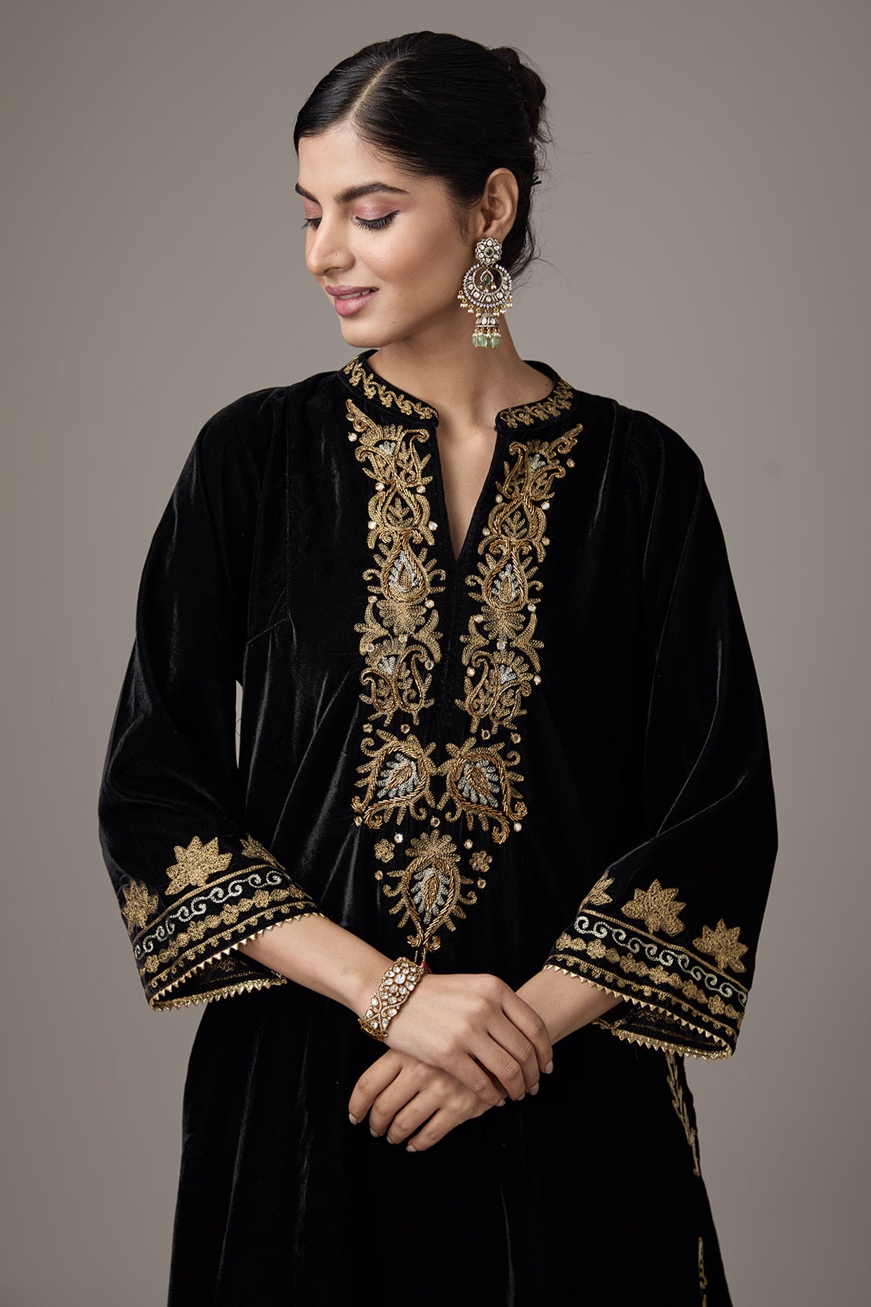Black Velvet Aari Embroidered Kurta Set