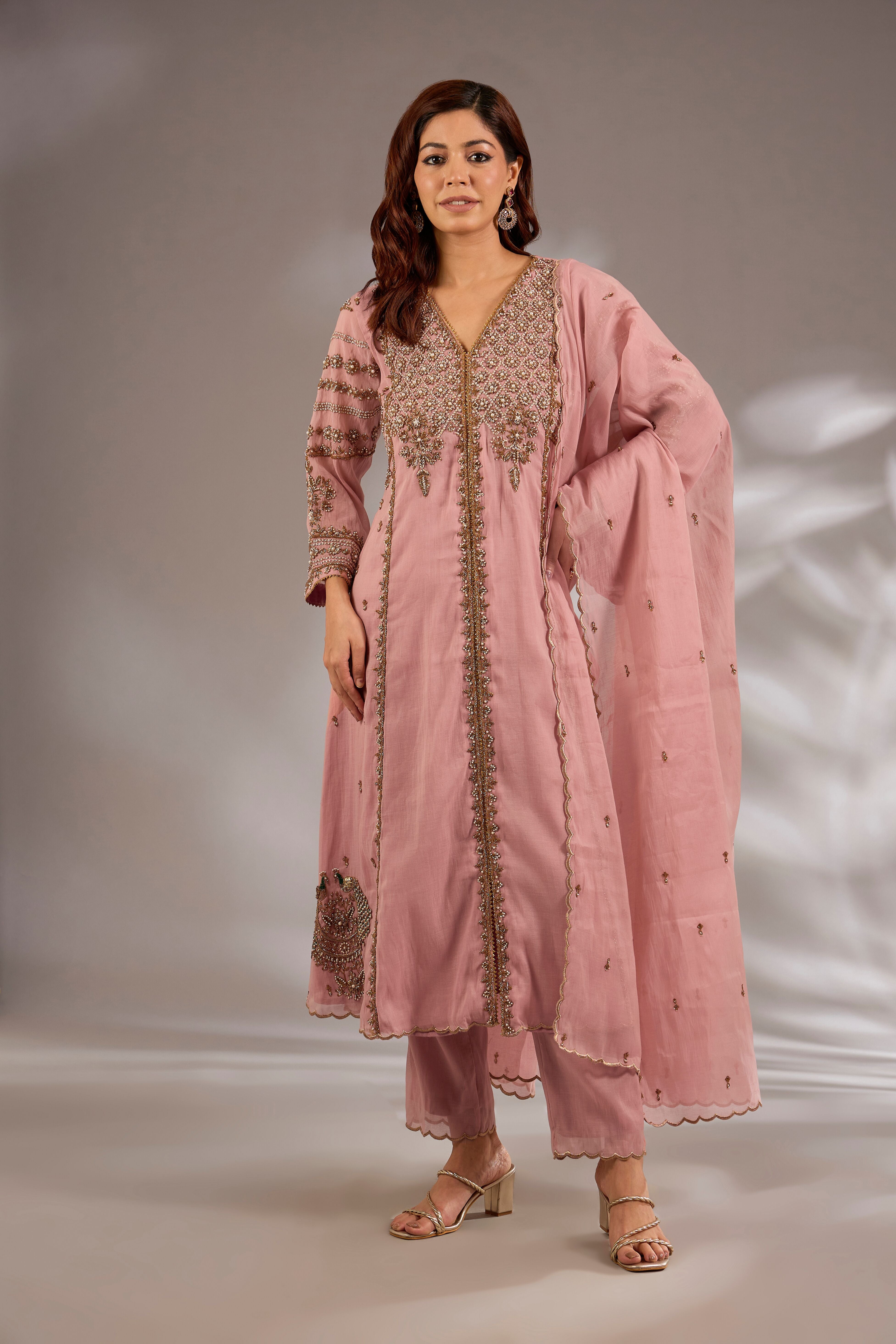 Flared kurta in mul chanderi base with hand embroidery.