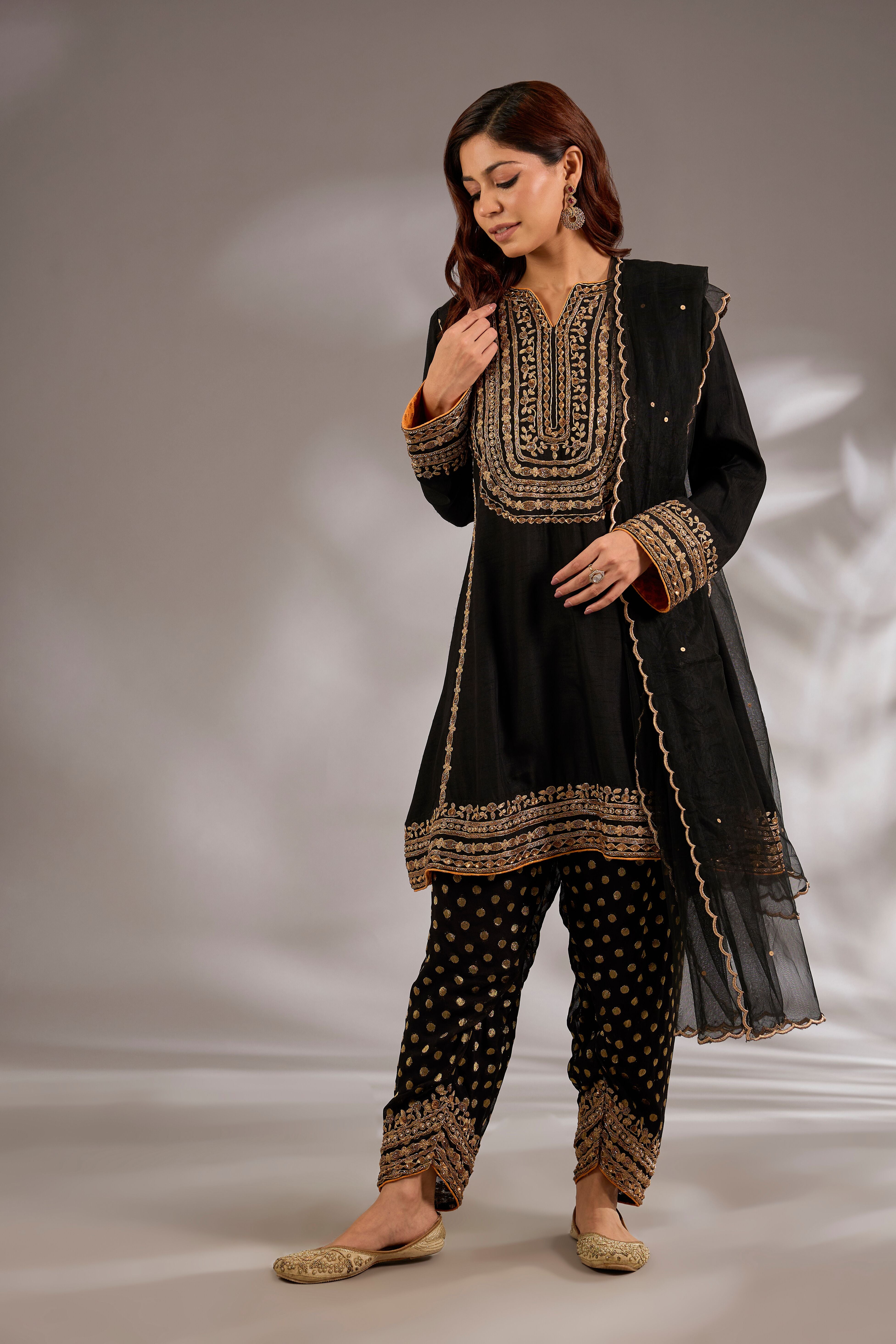 Short anarkali in silk base with dori hand embroidery.