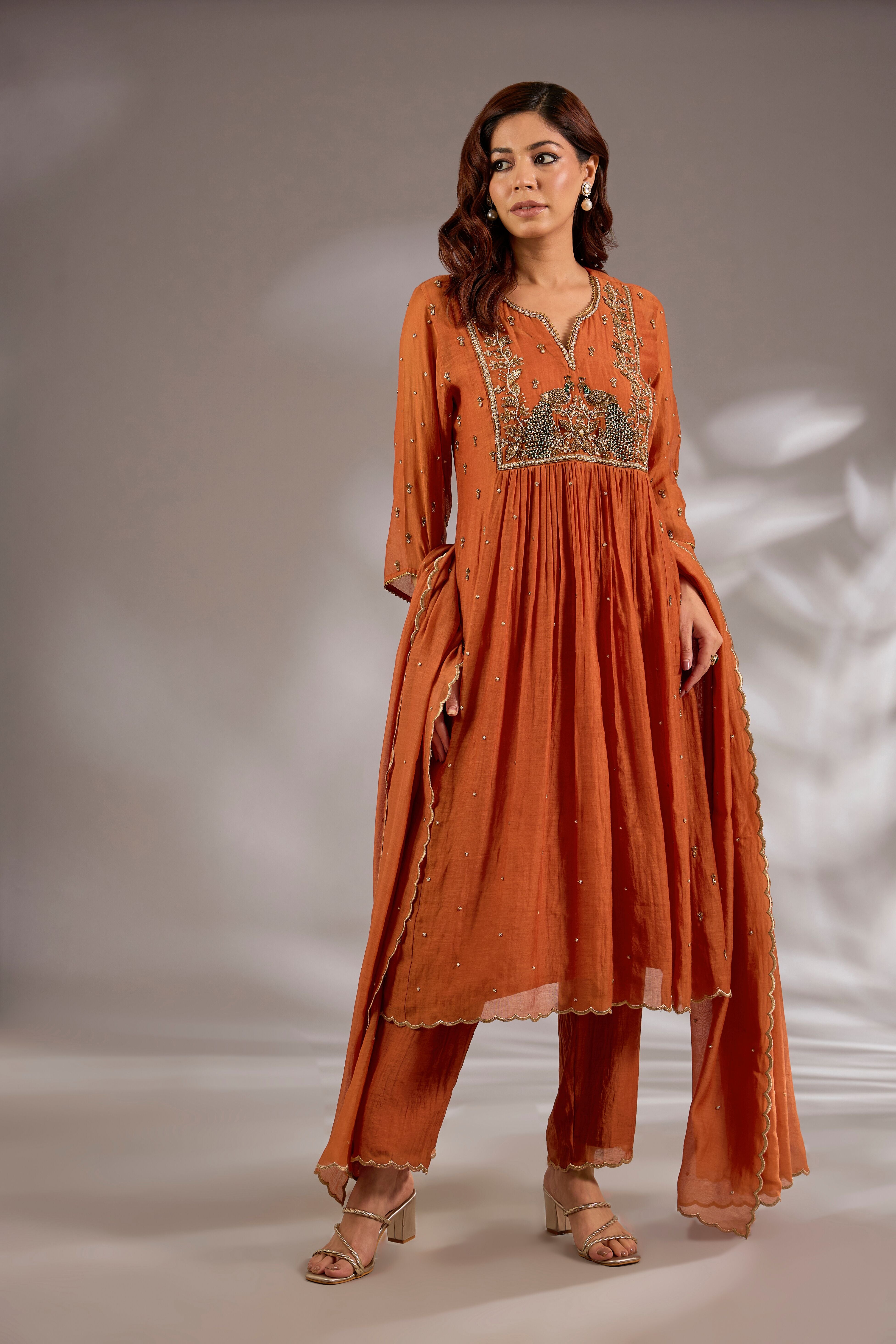 Anarkali in mul chanderi base with hand embroidery.