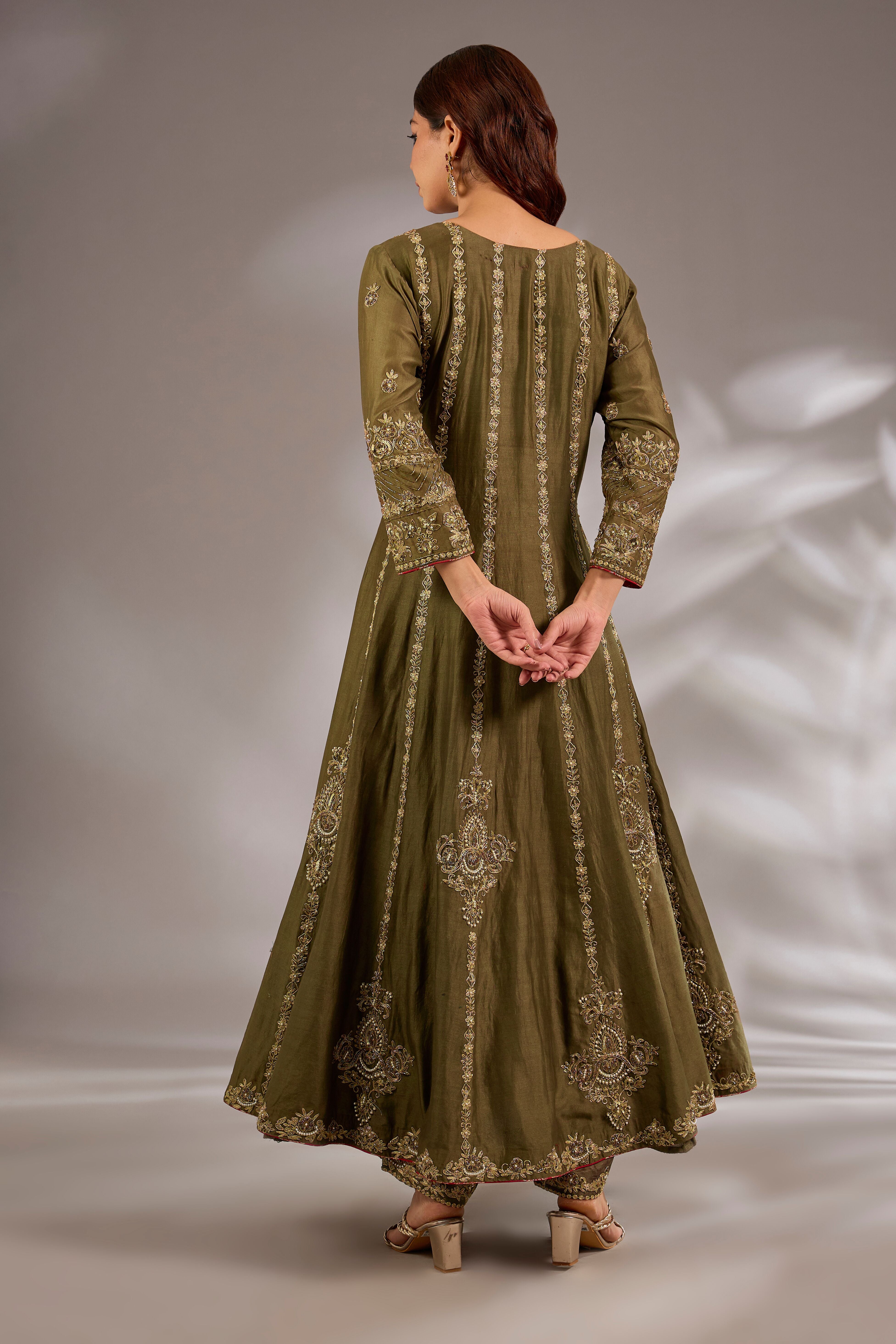 Anarkali in mul chanderi base with hand embroidery.
