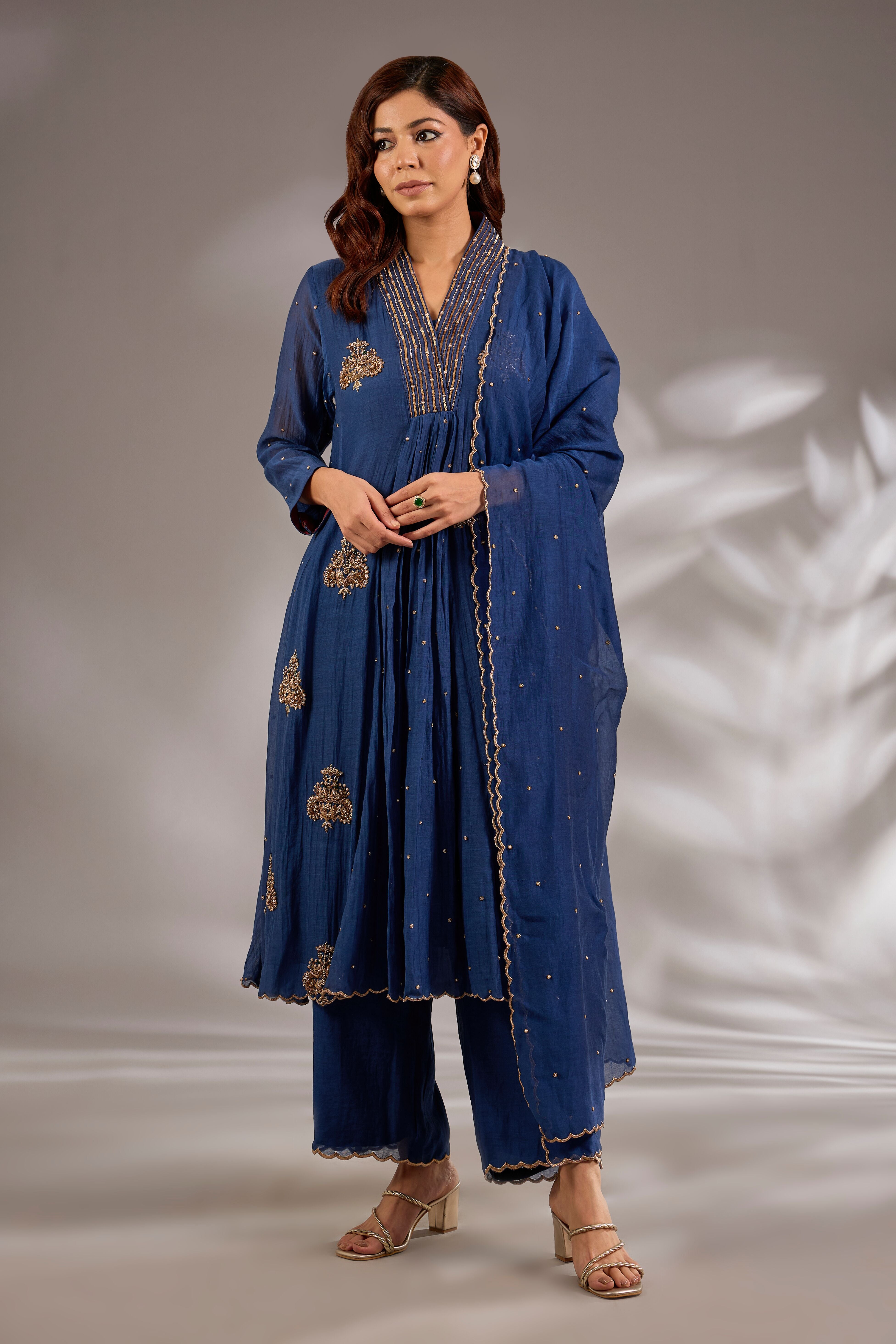 Anarkali in mul chanderi base with hand embroidery.