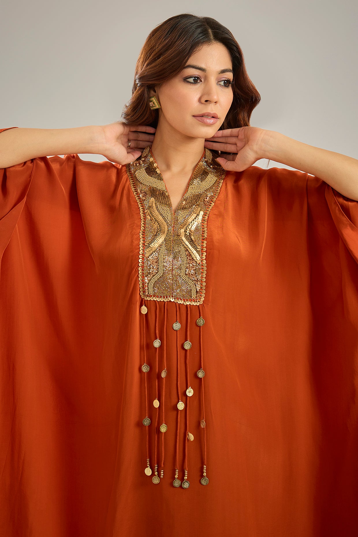 Orange Crepe Sequins & Crystal Hand Embroidered Kaftan Set
