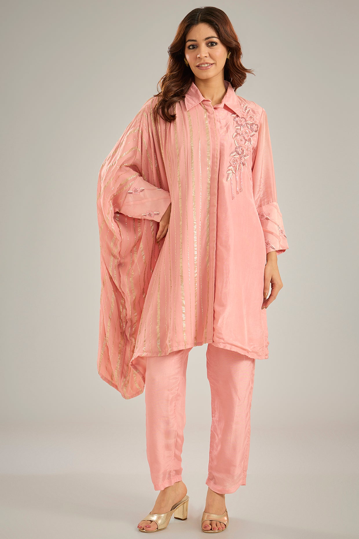 Pink Silk & Georgette Lurex Crystal Embroidered One-Side Kaftan Set