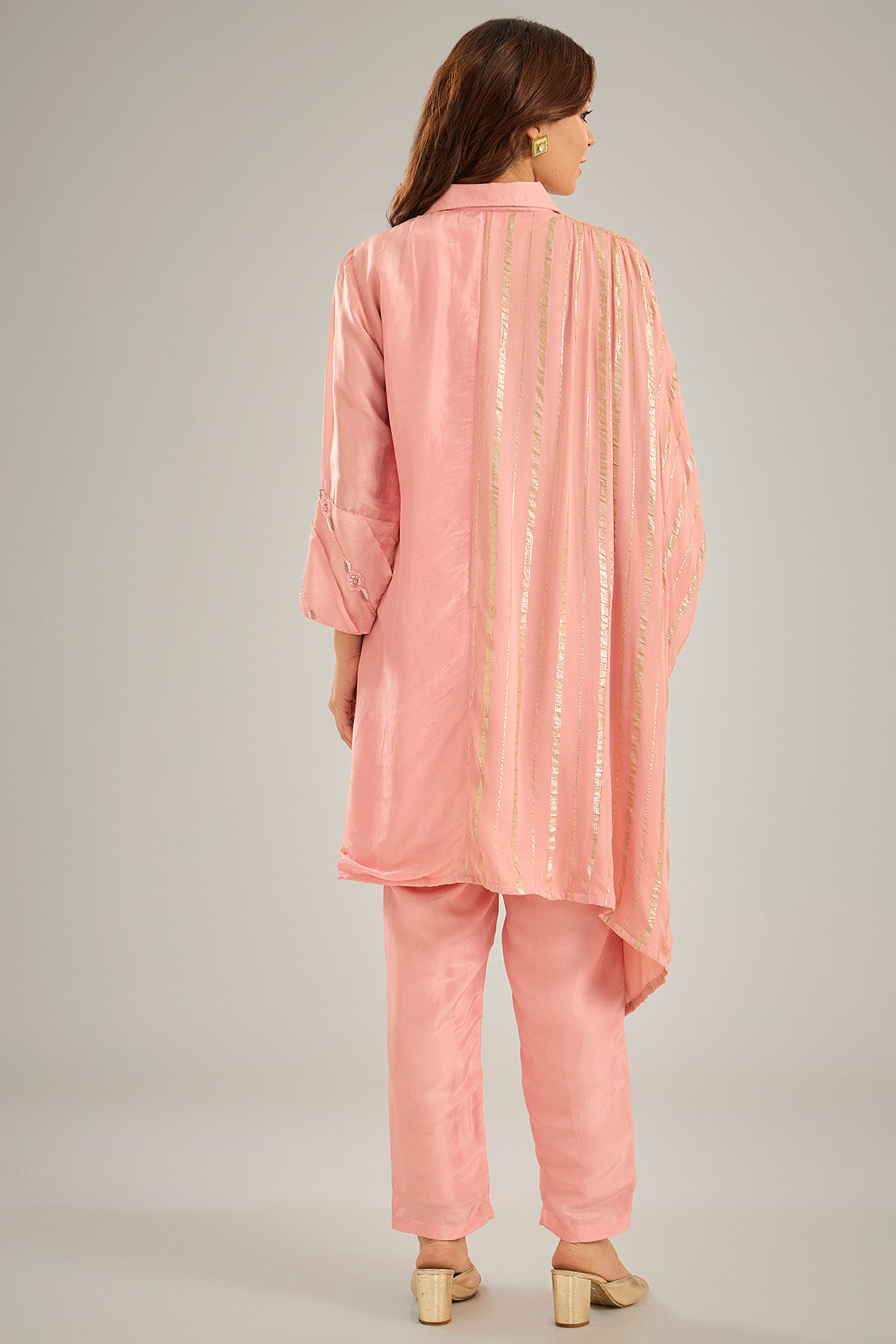 Pink Silk & Georgette Lurex Crystal Embroidered One-Side Kaftan Set