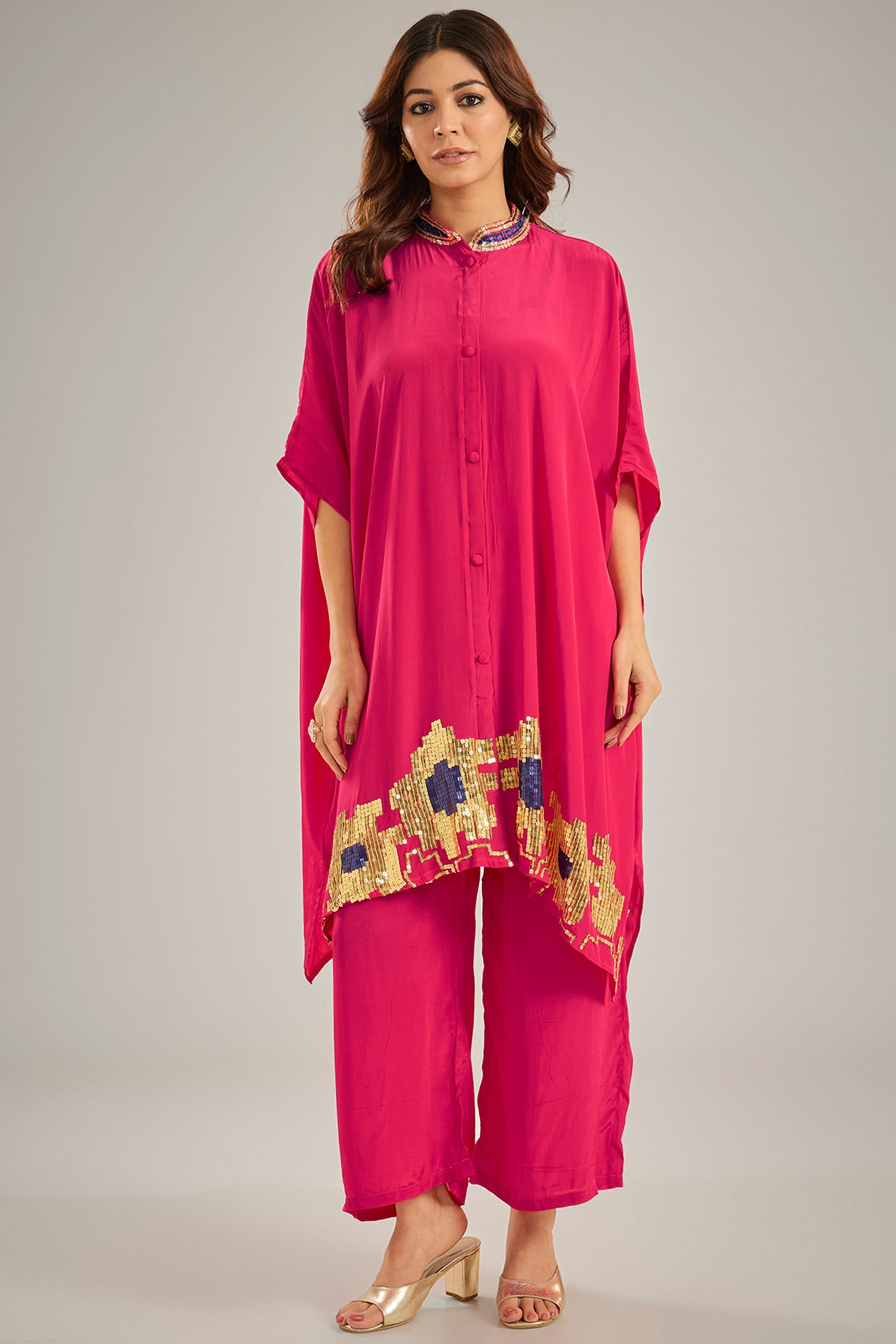 Dark Pink Crepe Sequins Hand Embroidered Kaftan Set
