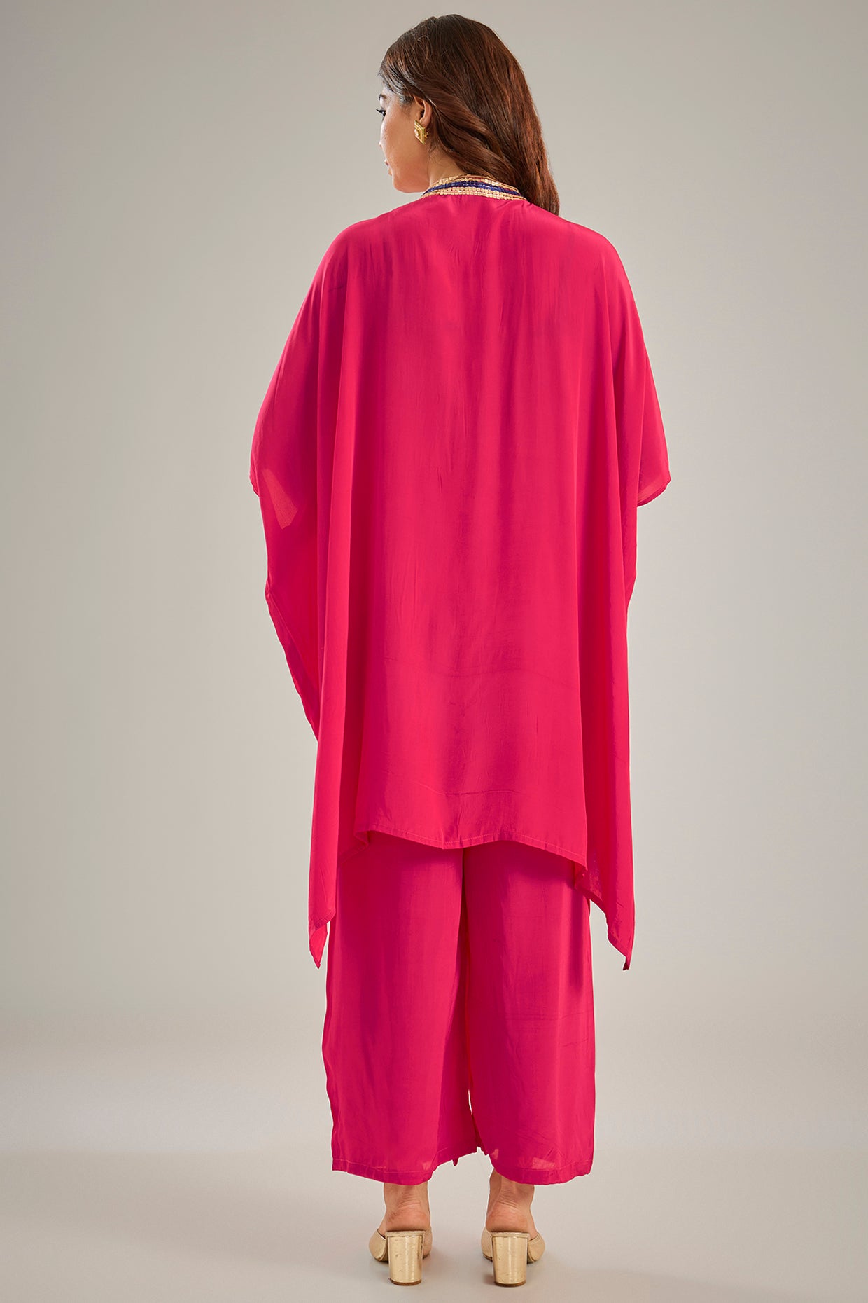 Dark Pink Crepe Sequins Hand Embroidered Kaftan Set