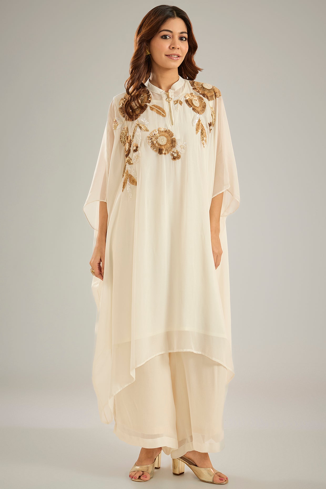 Cream Georgette Sequins Hand Embroidered Kaftan Set