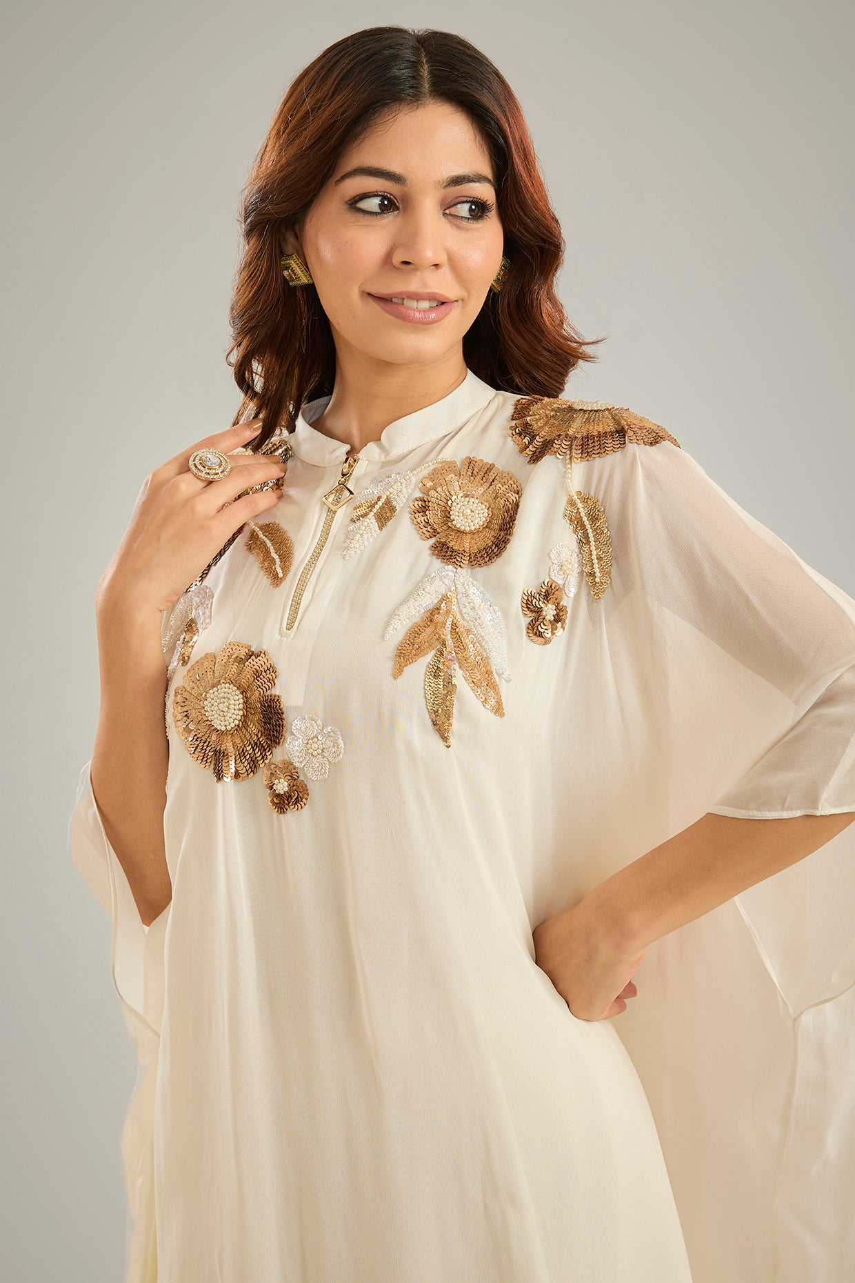 Cream Georgette Sequins Hand Embroidered Kaftan Set