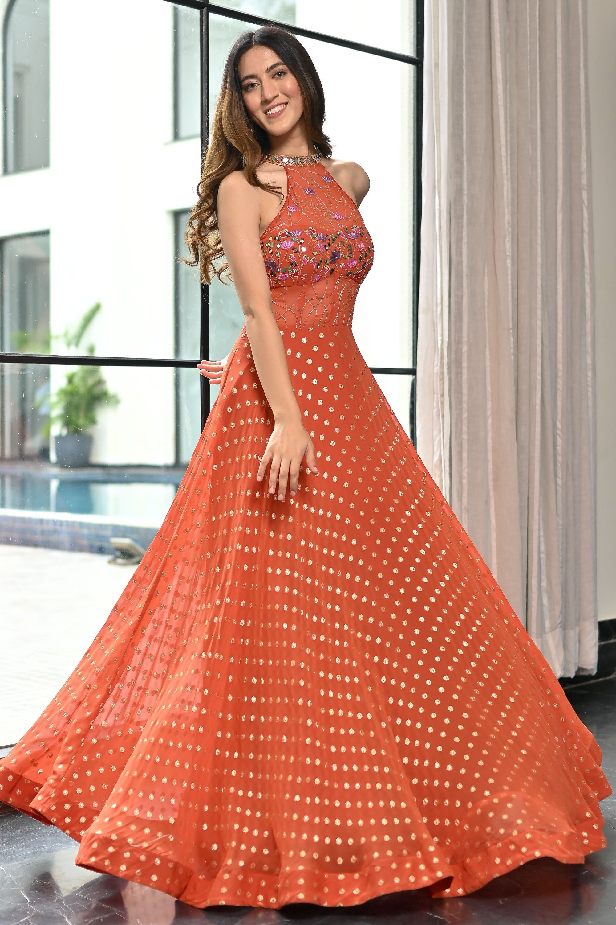 Meenakari Orange Ball Gown
