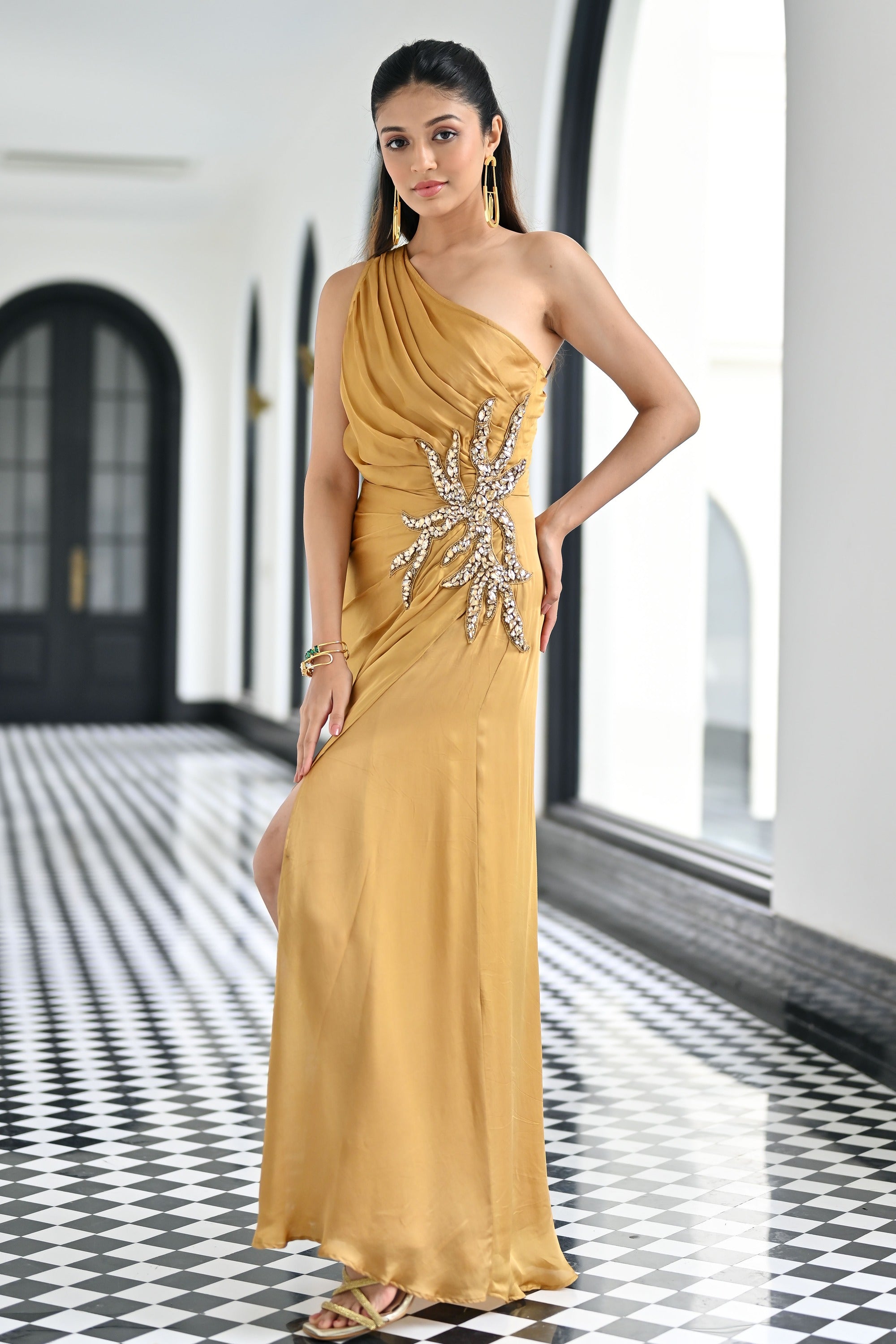 Gold Silk Satin Long Dress