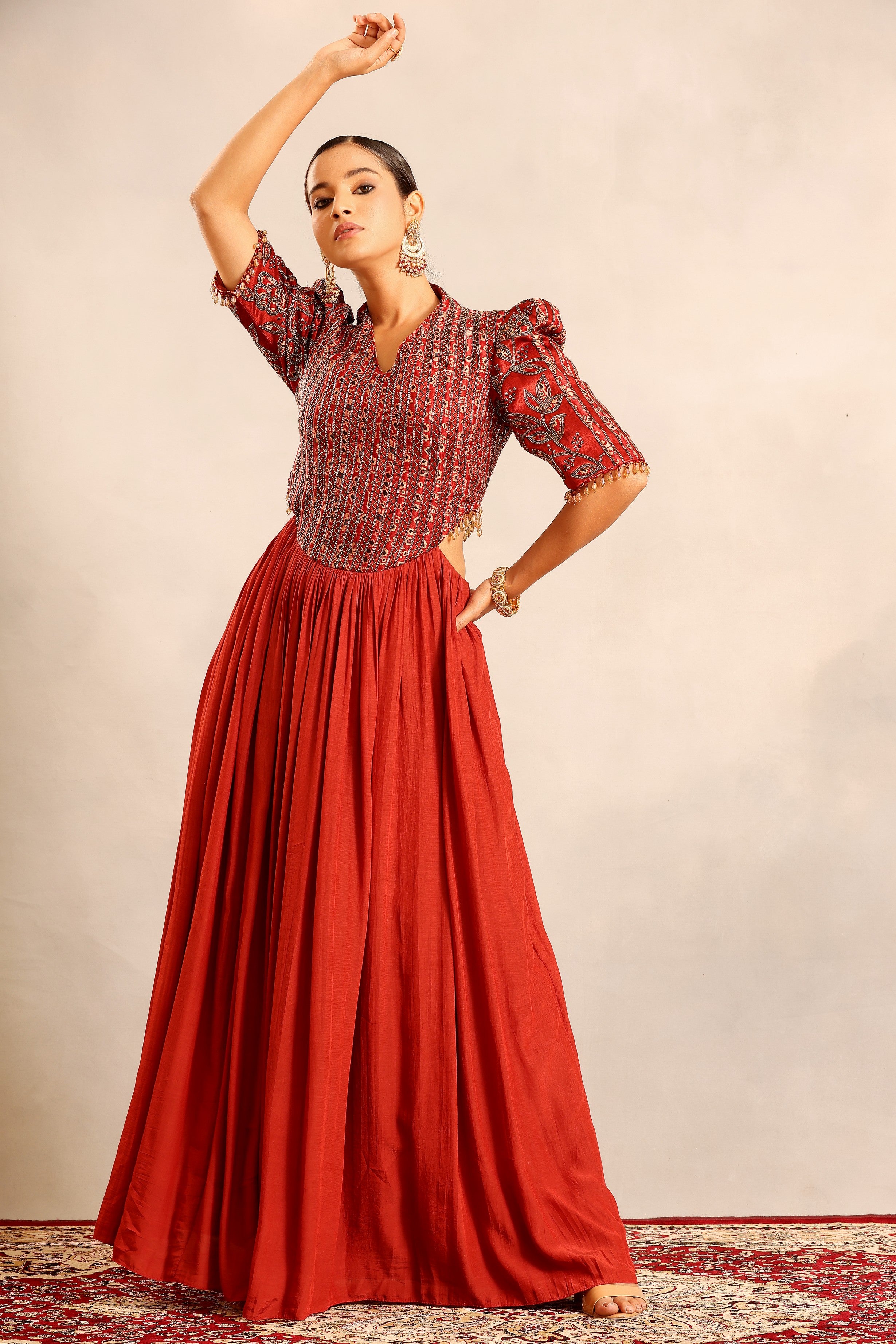 Red ajrakh embroidered gathered dress
