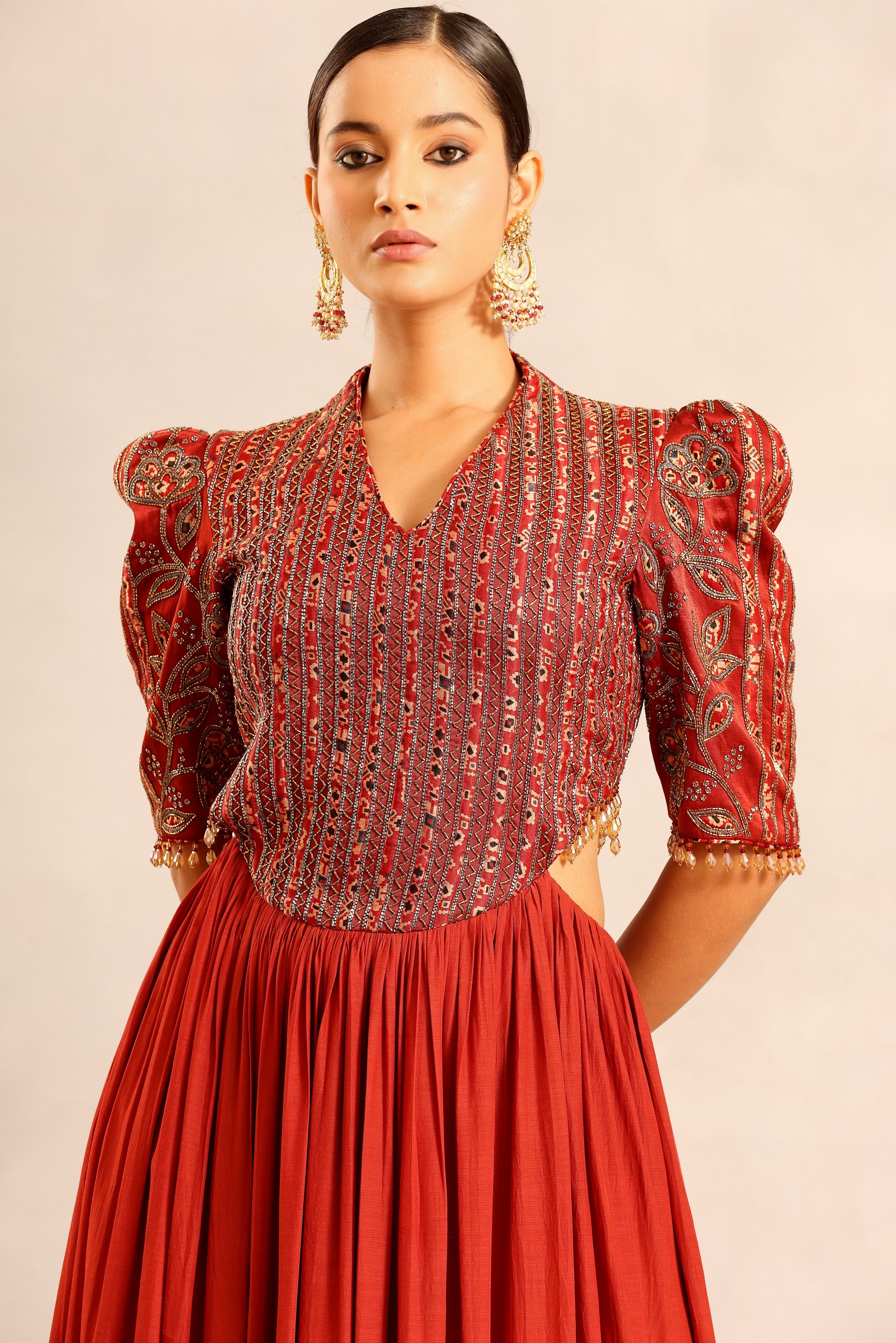 Red ajrakh embroidered gathered dress