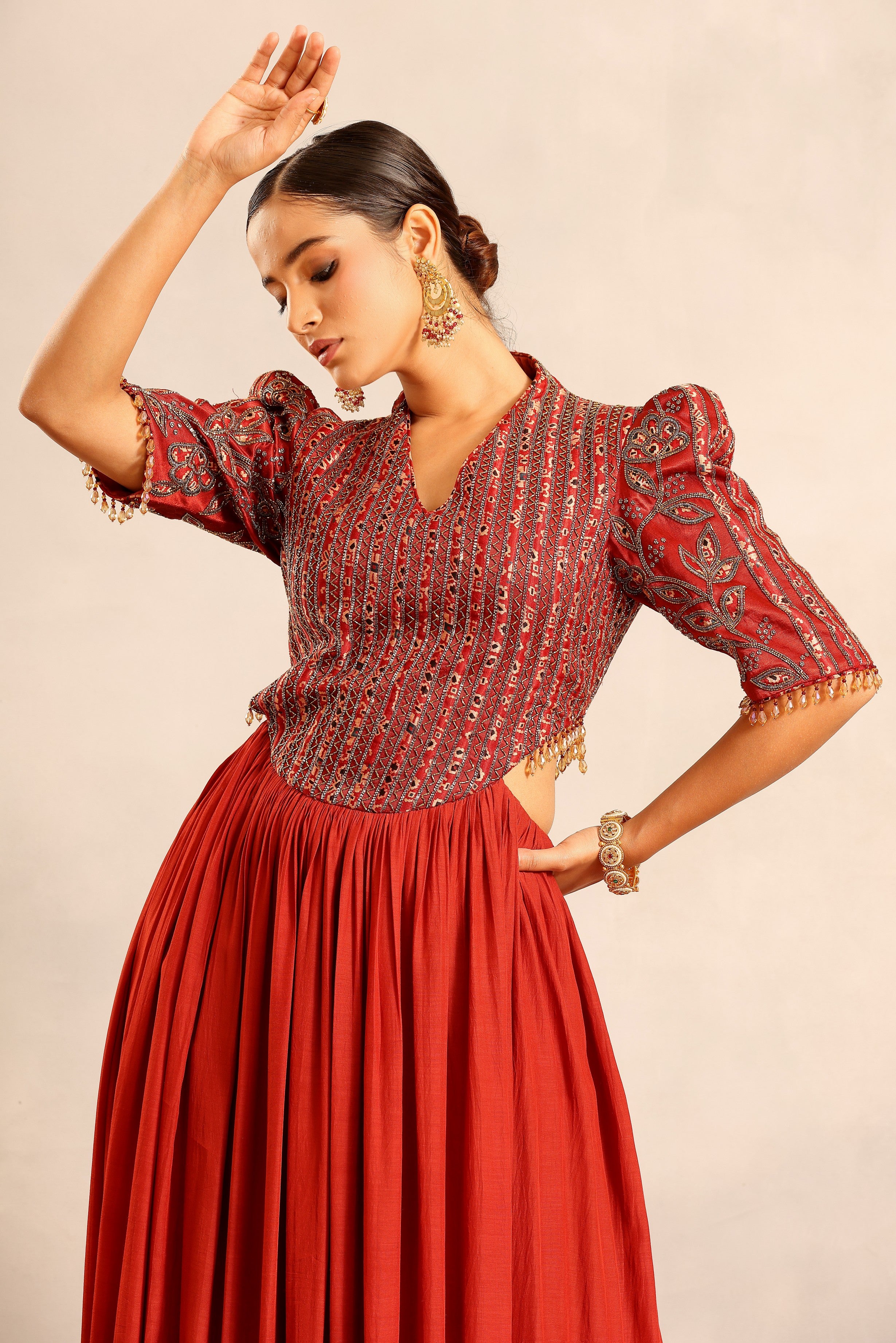 Red ajrakh embroidered gathered dress