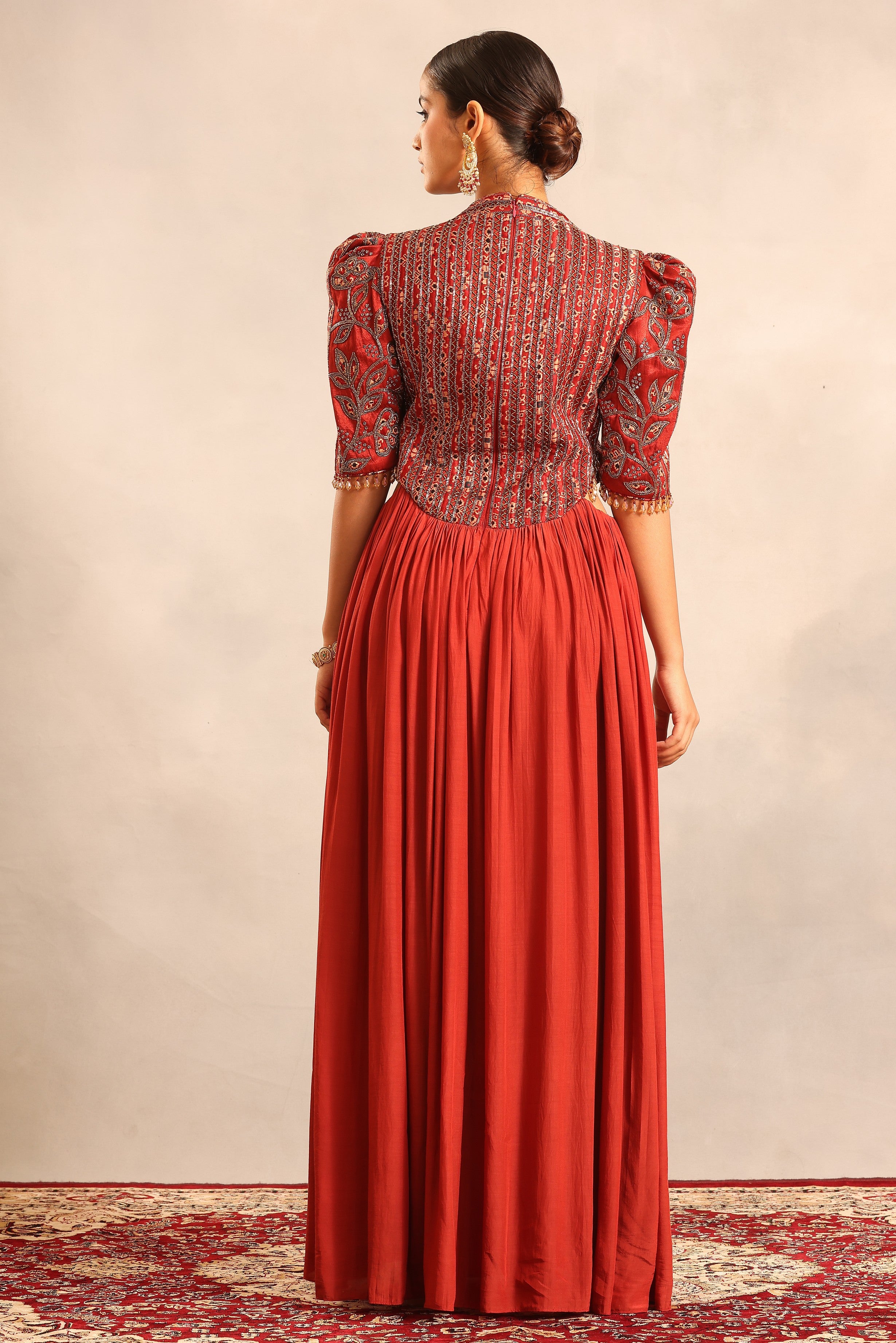 Red ajrakh embroidered gathered dress