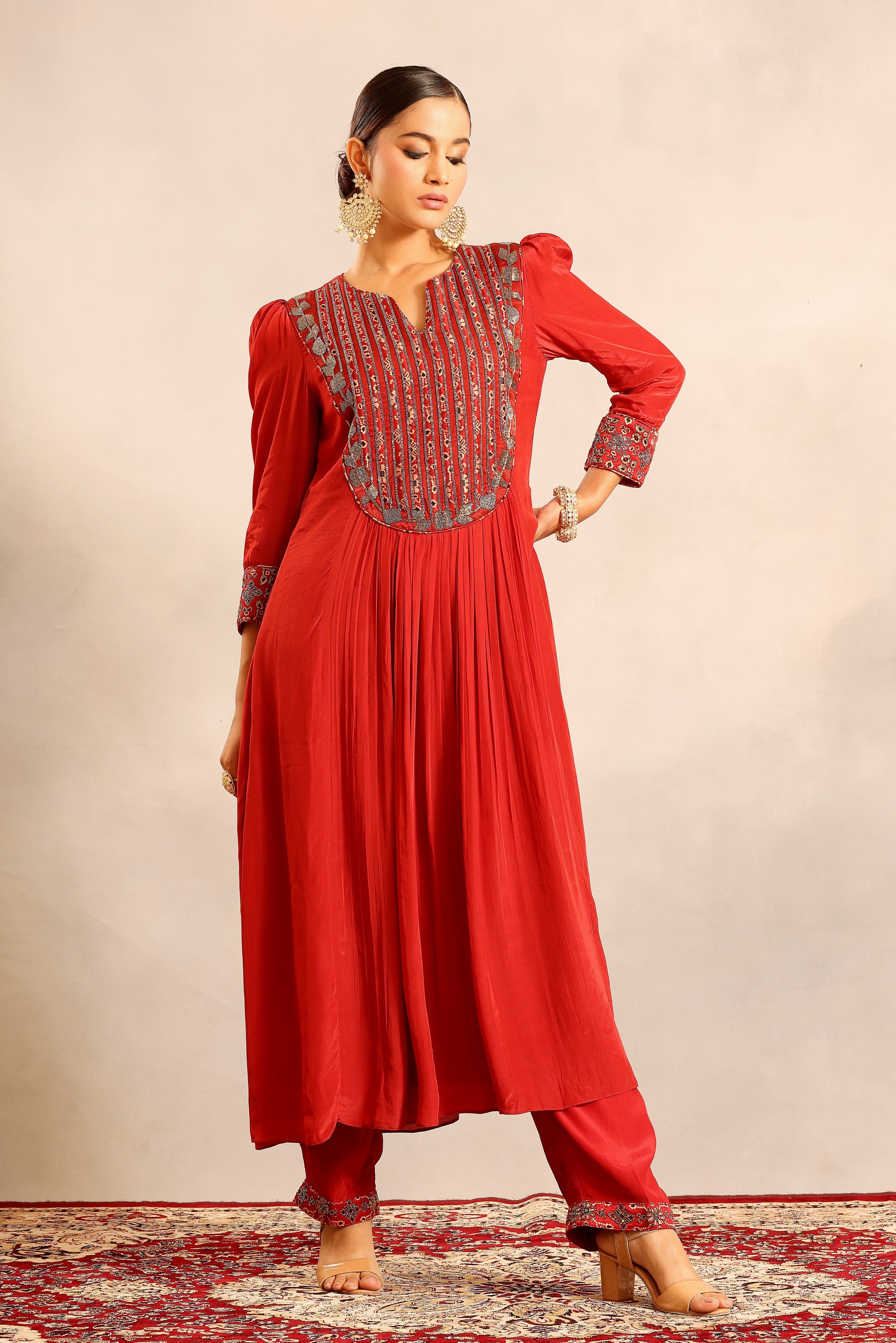 Red ajrakh embroidered gathered kurti with pants