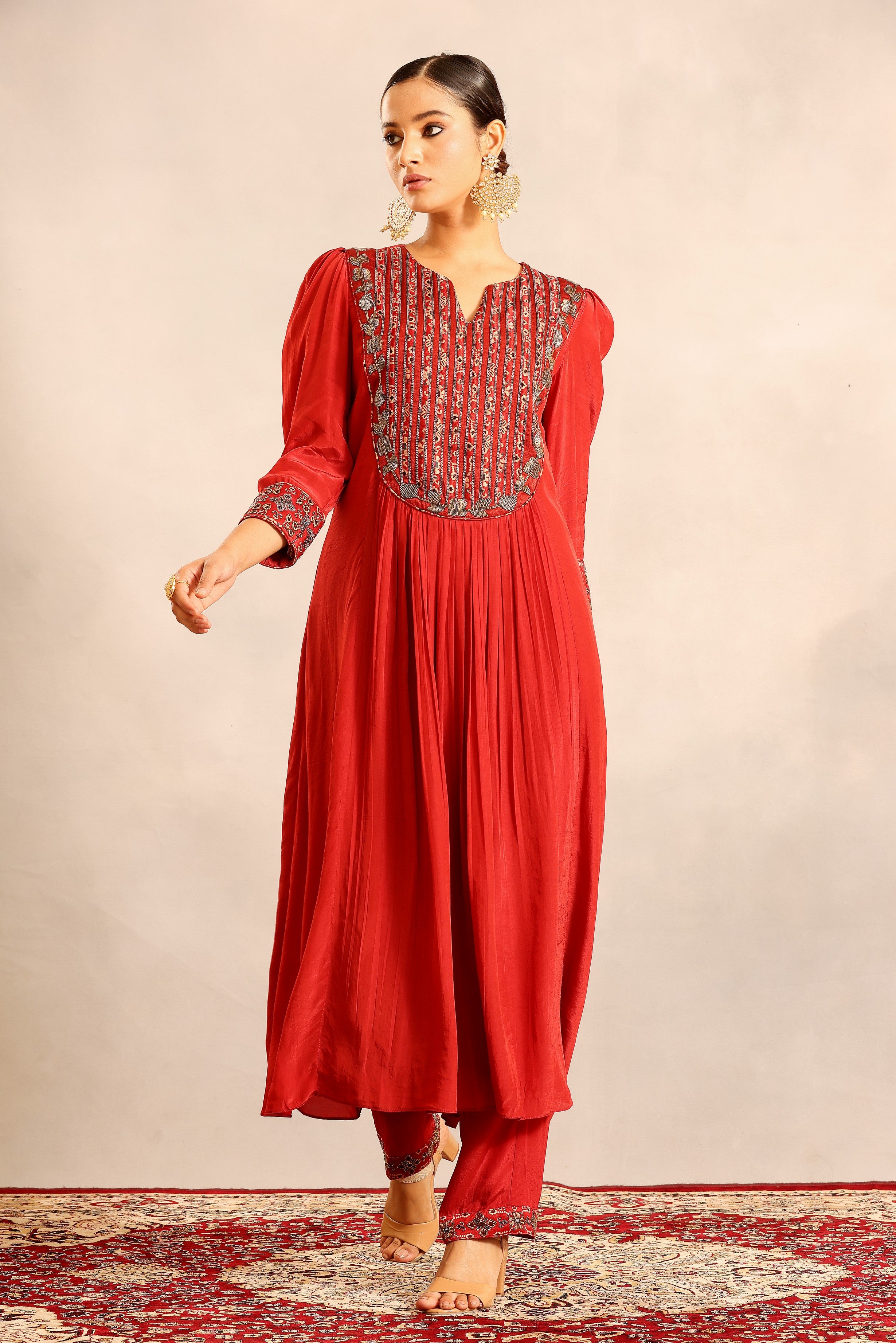 Red ajrakh embroidered gathered kurti with pants