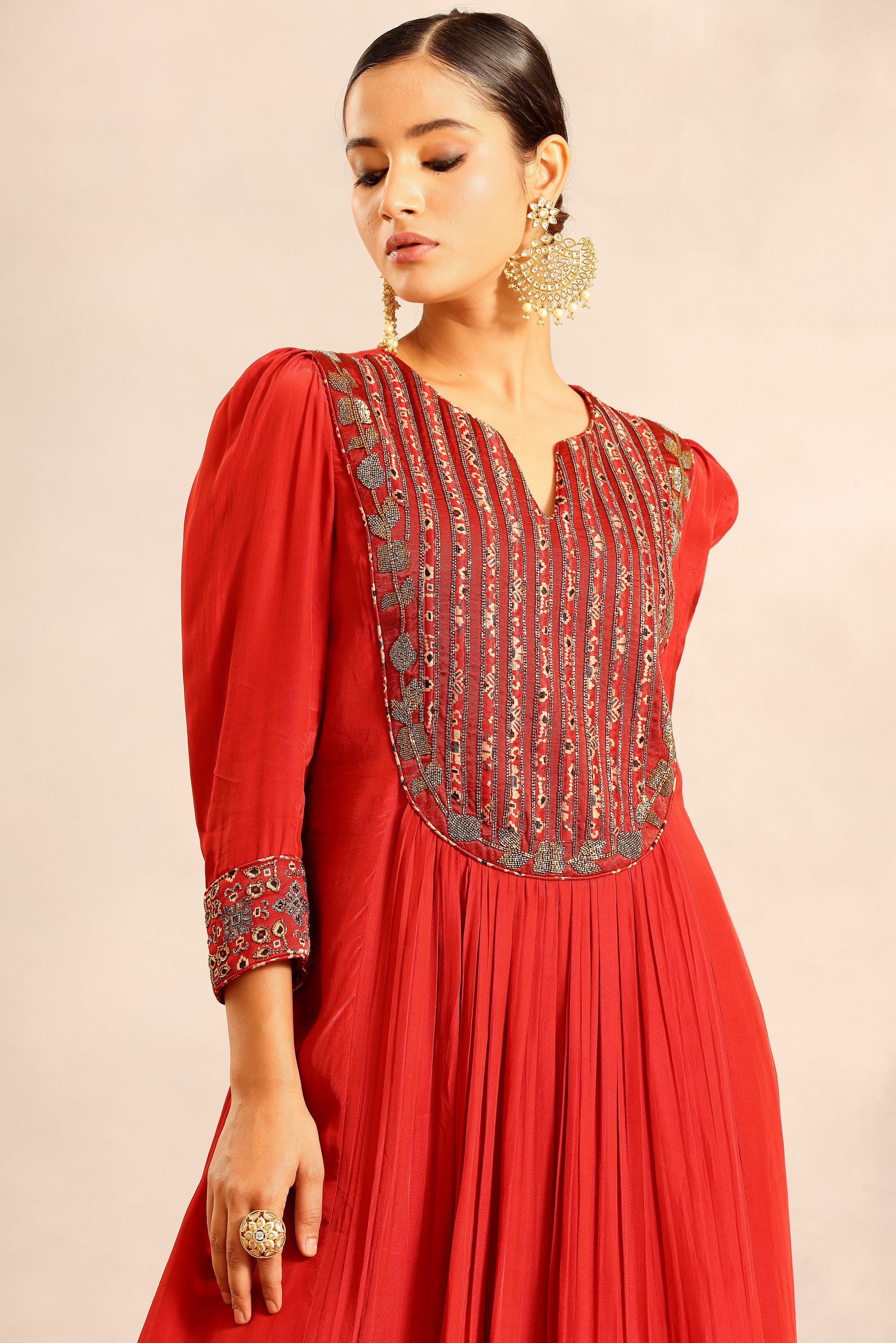 Red ajrakh embroidered gathered kurti with pants