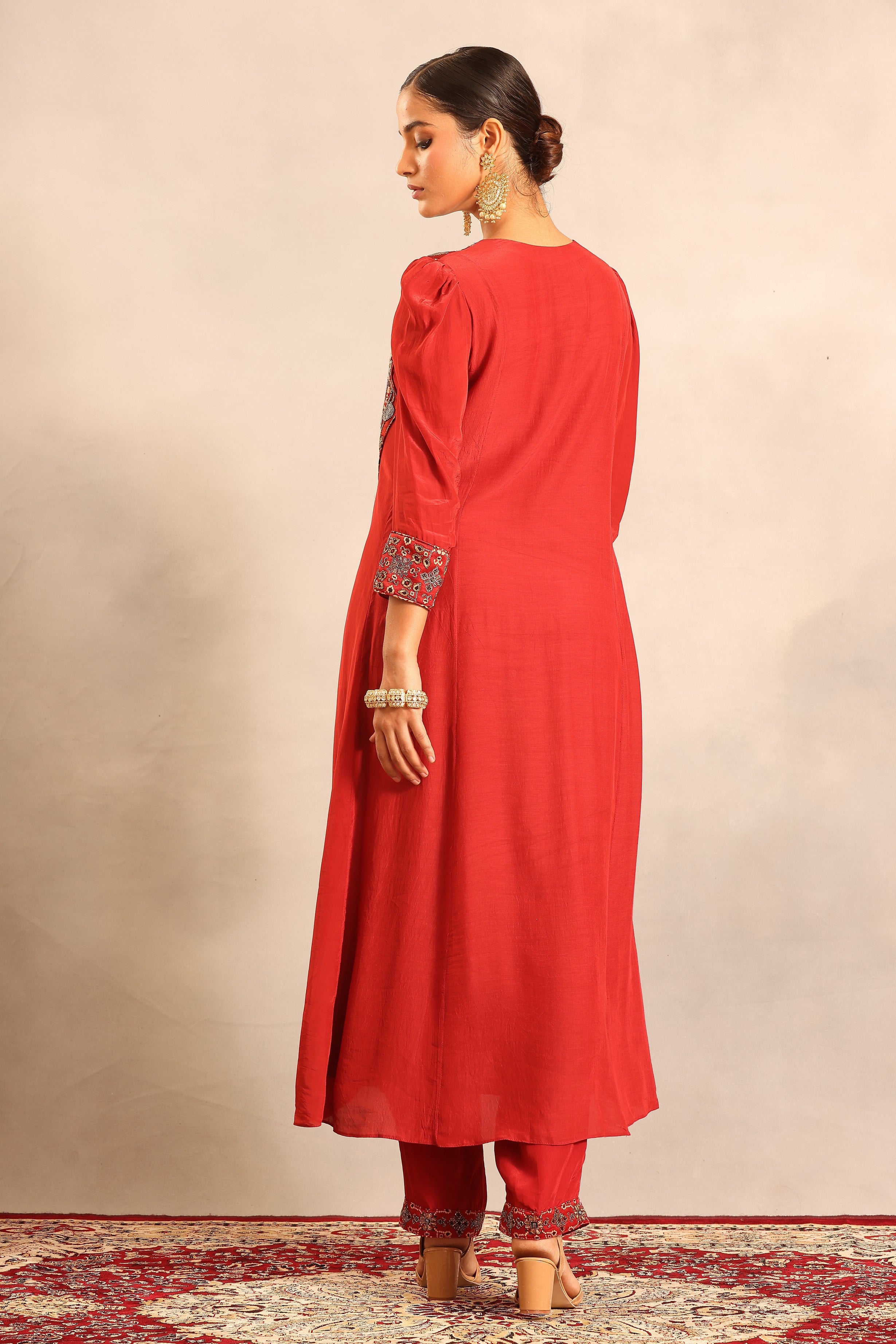 Red ajrakh embroidered gathered kurti with pants