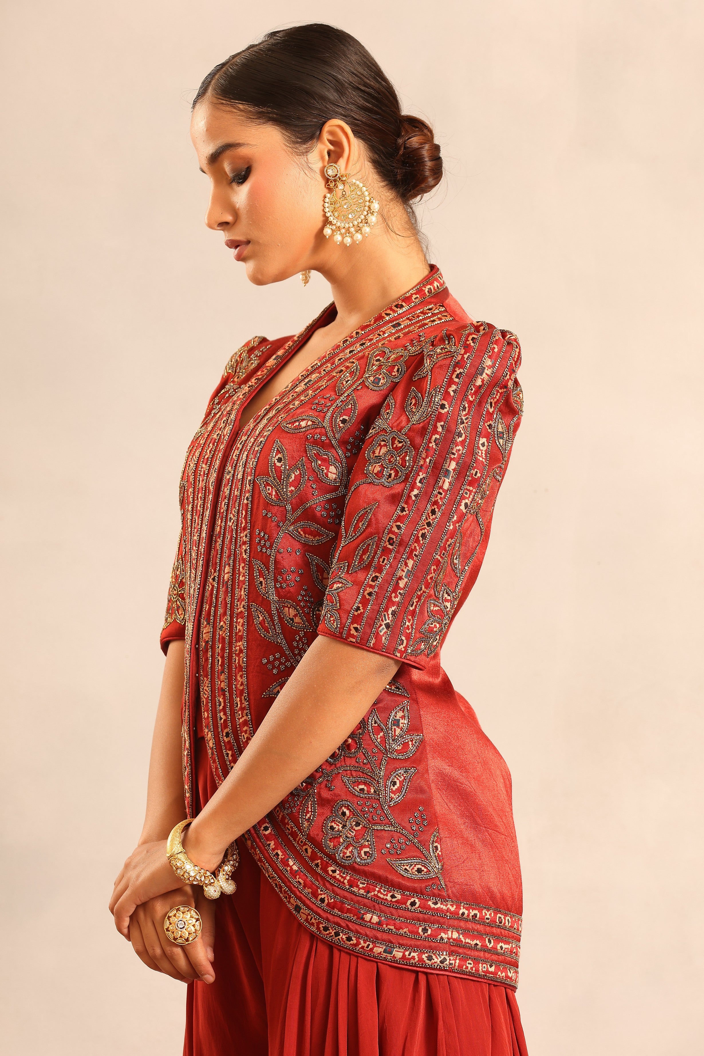 Red ajrakh patchwork fully embellished jacket with side cowl pants