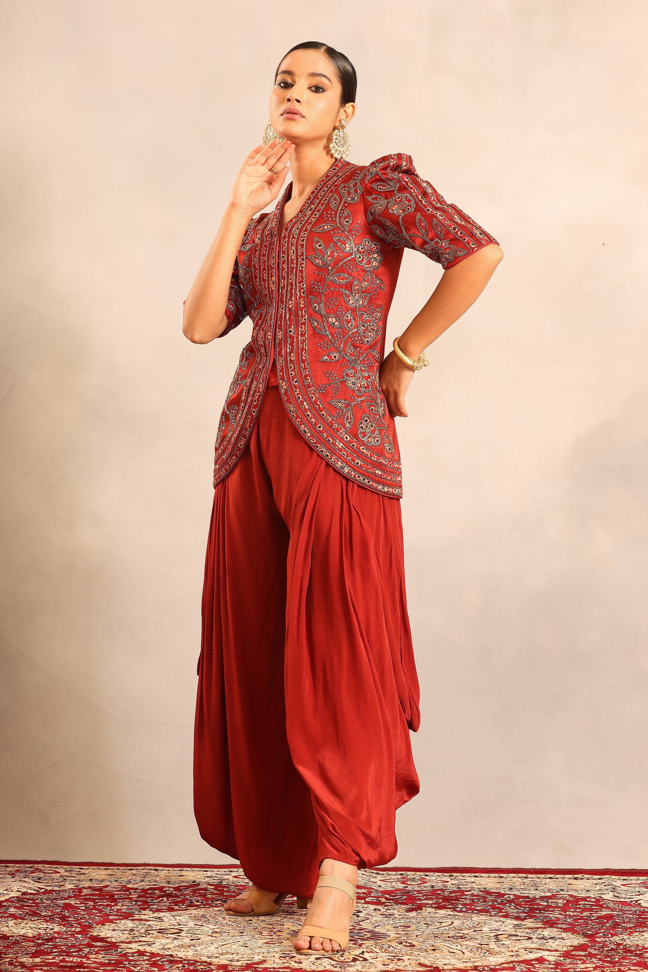 Red ajrakh patchwork fully embellished jacket with side cowl pants