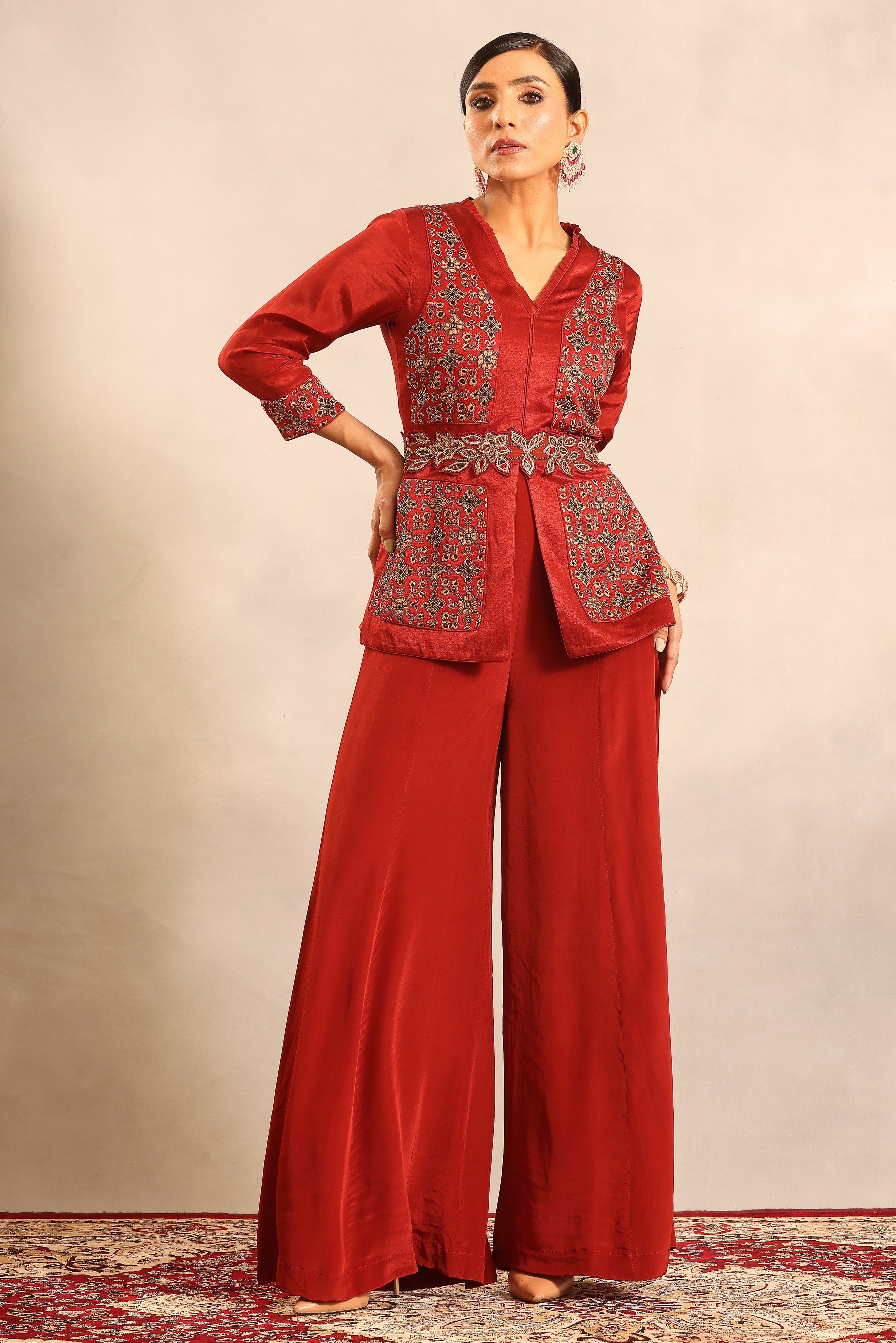 Red ajrakh fully handcrafted peplum jumpsuit