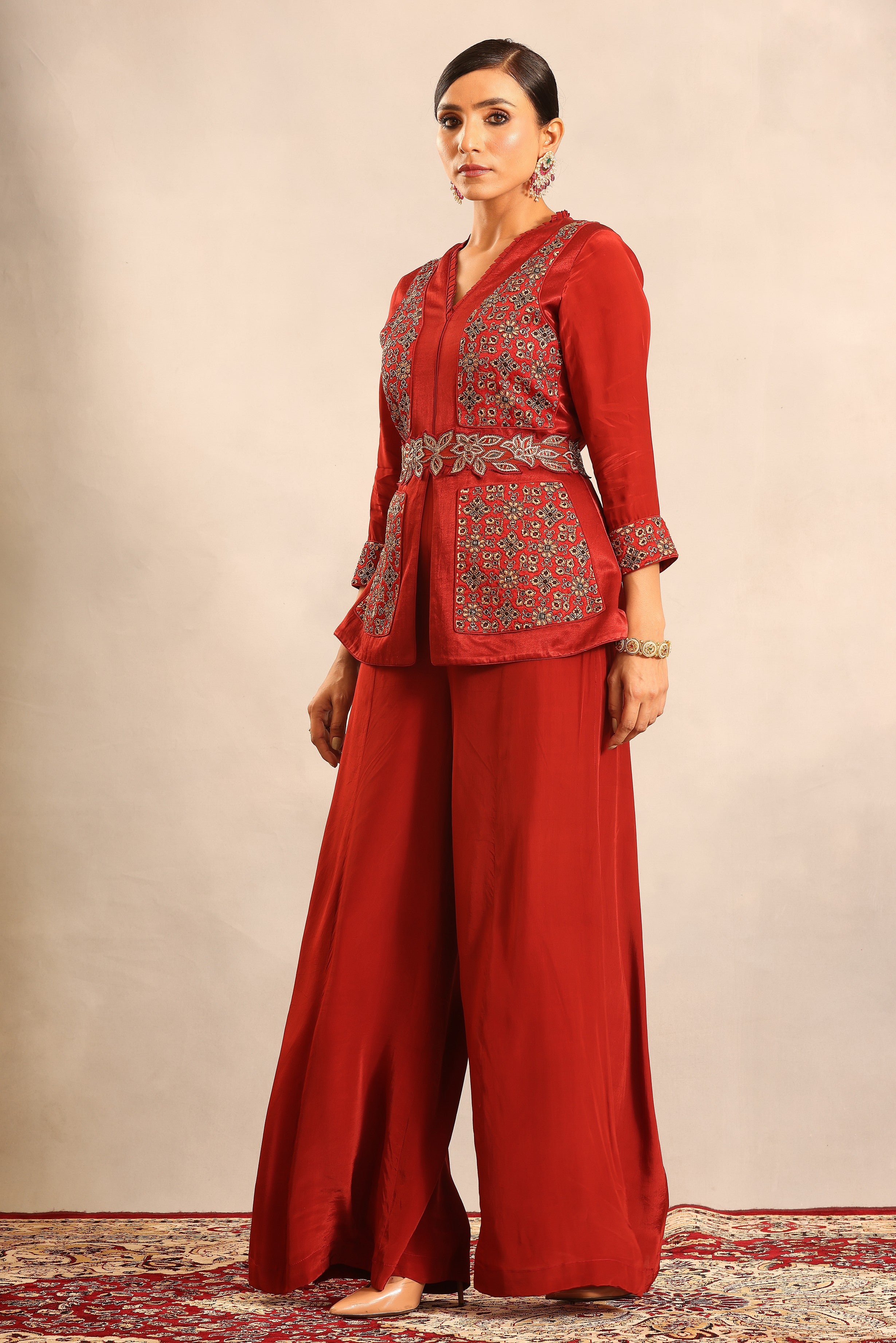 Red ajrakh fully handcrafted peplum jumpsuit