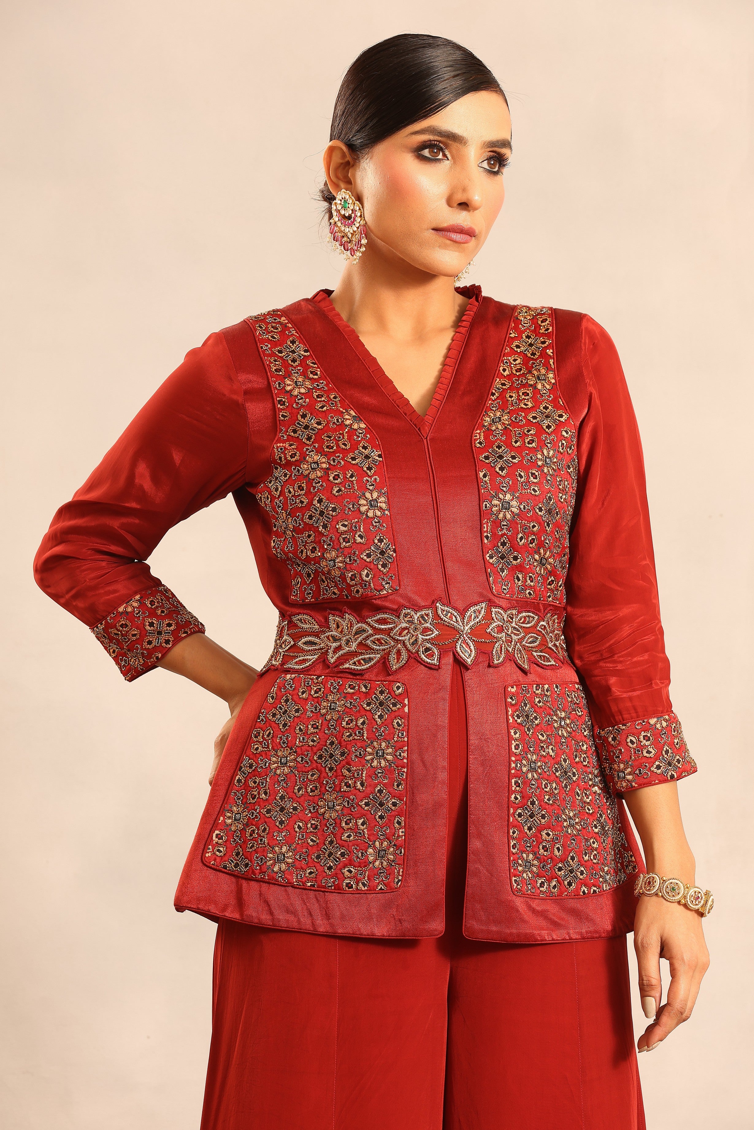 Red ajrakh fully handcrafted peplum jumpsuit