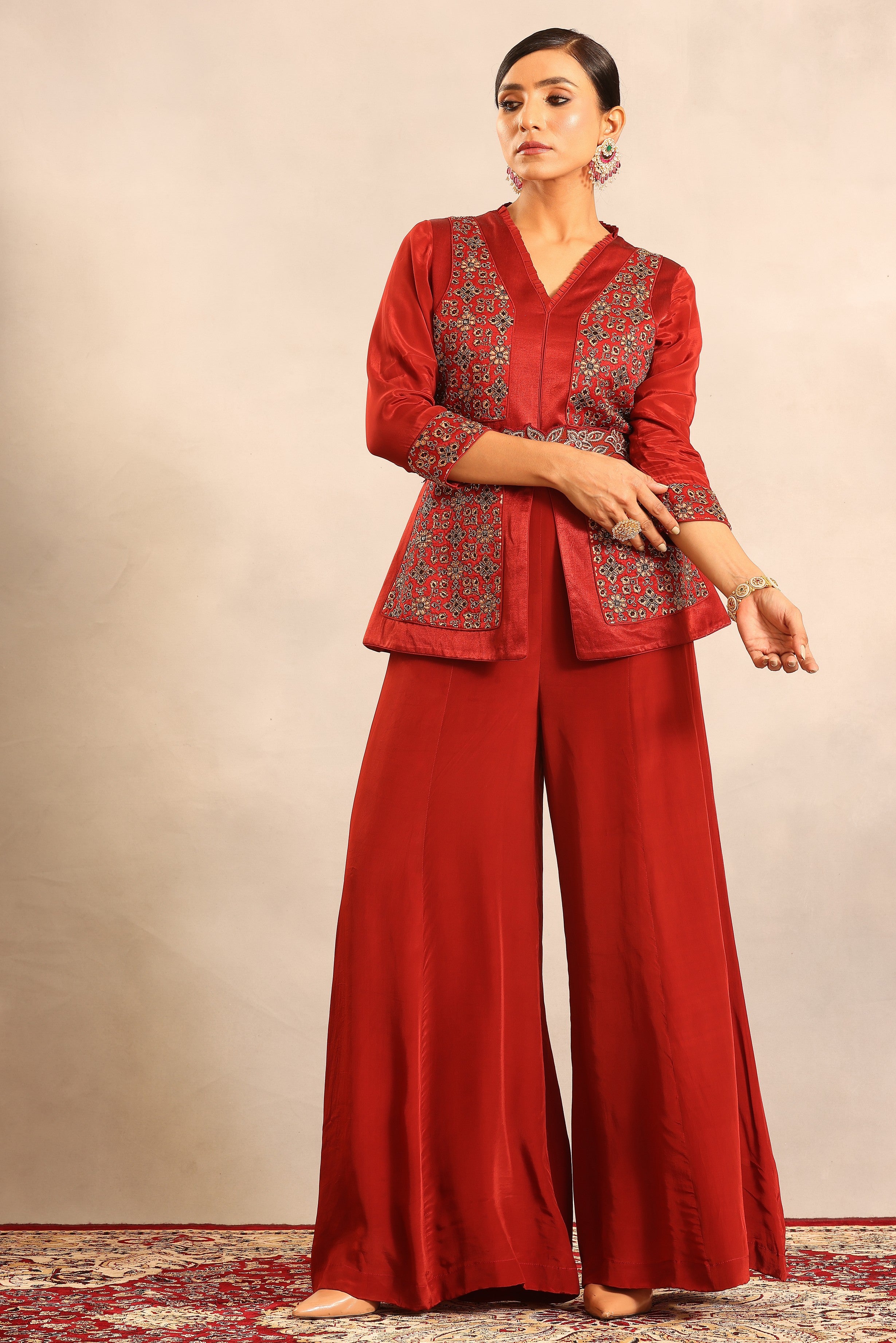 Red ajrakh fully handcrafted peplum jumpsuit