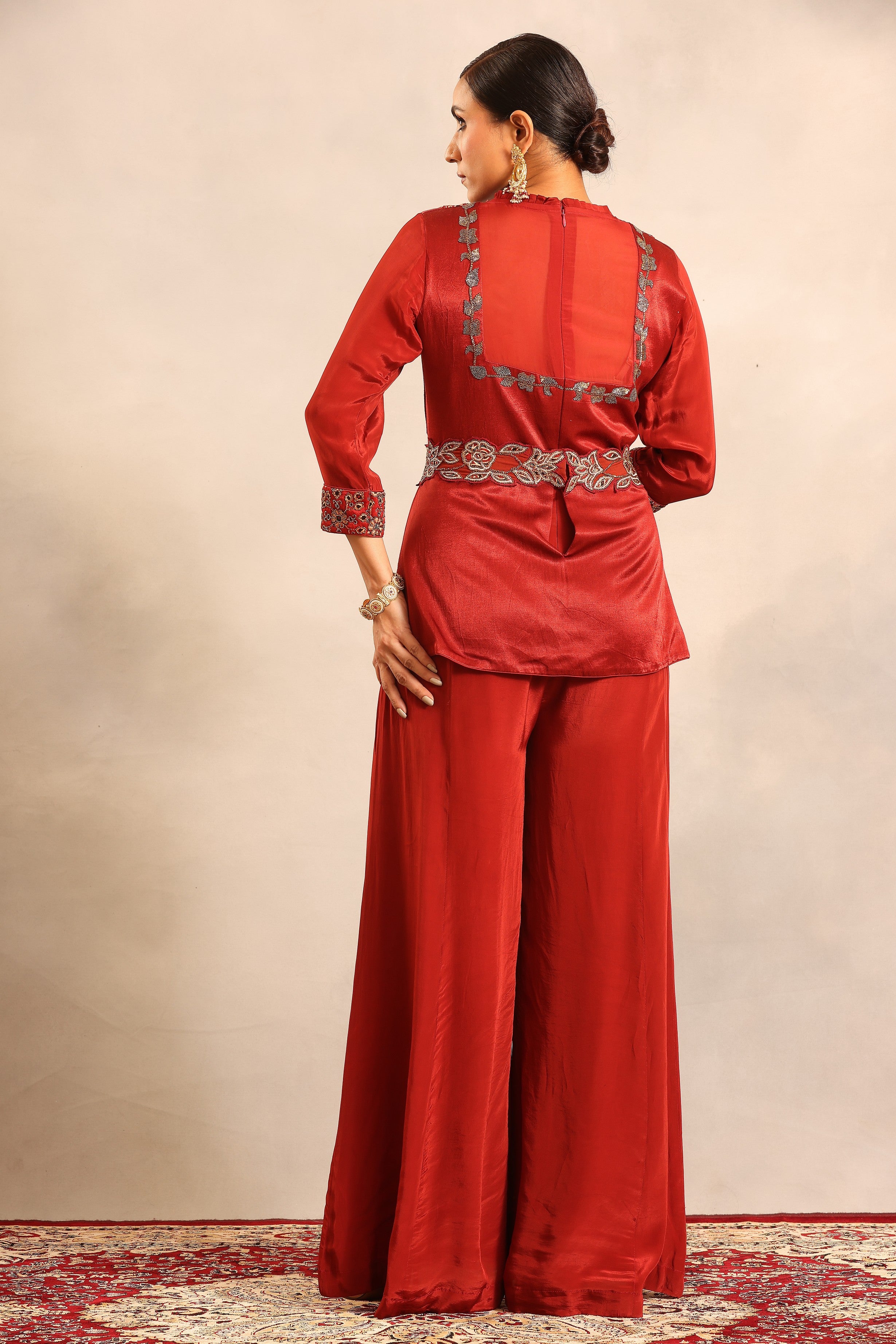 Red ajrakh fully handcrafted peplum jumpsuit