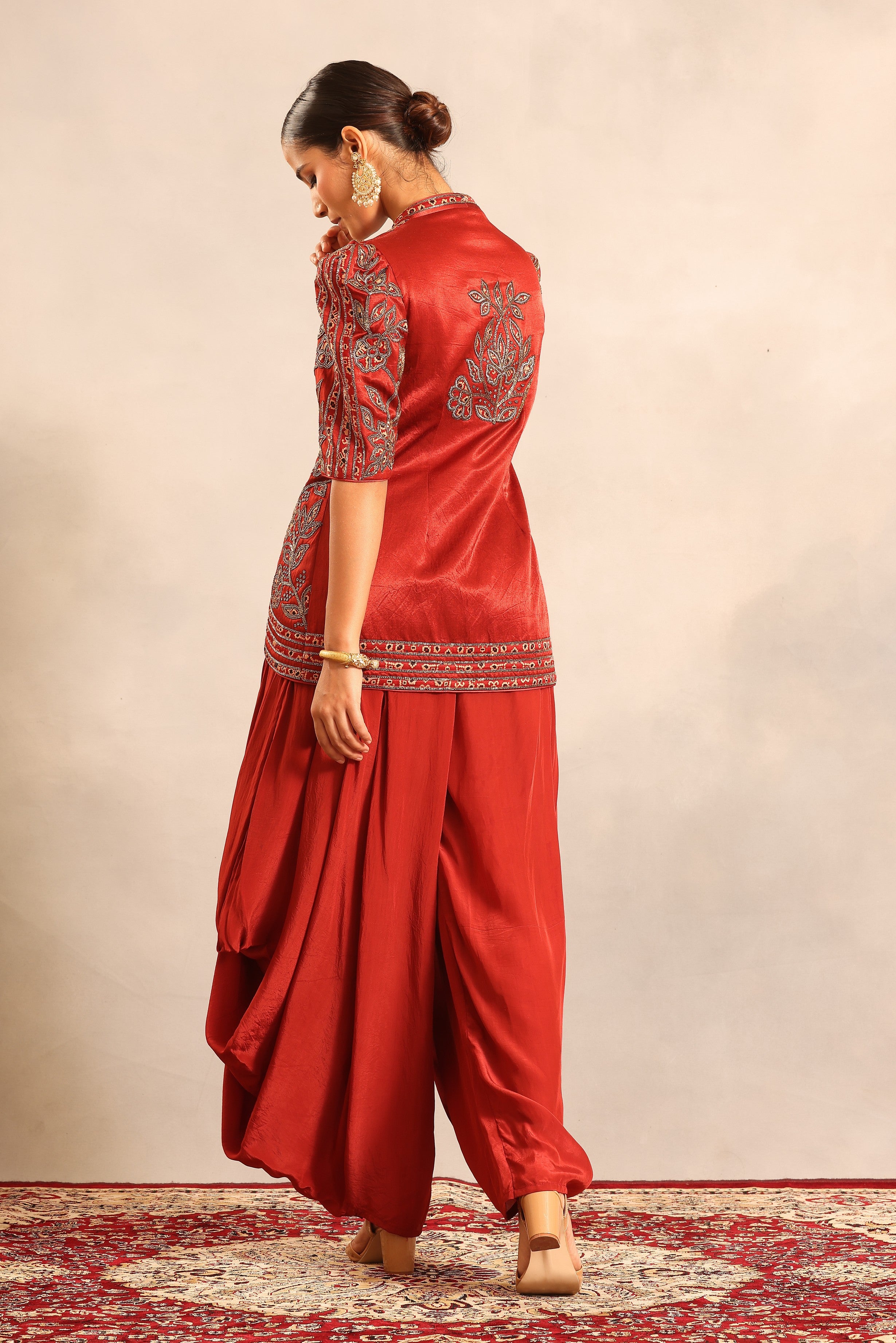 Red ajrakh patchwork fully embellished jacket with side cowl pants
