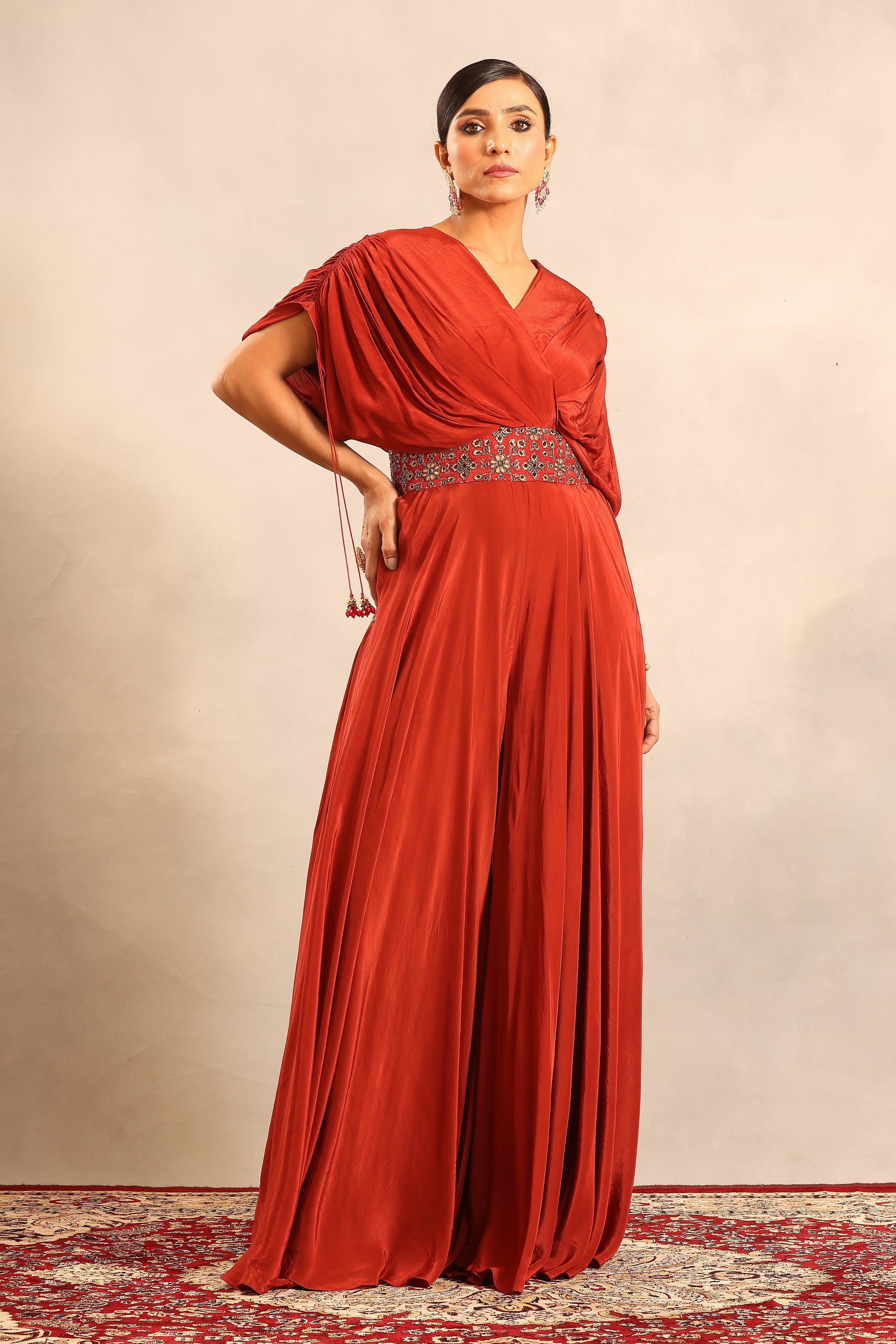 Red ajrakh embellished flared jumpsuit