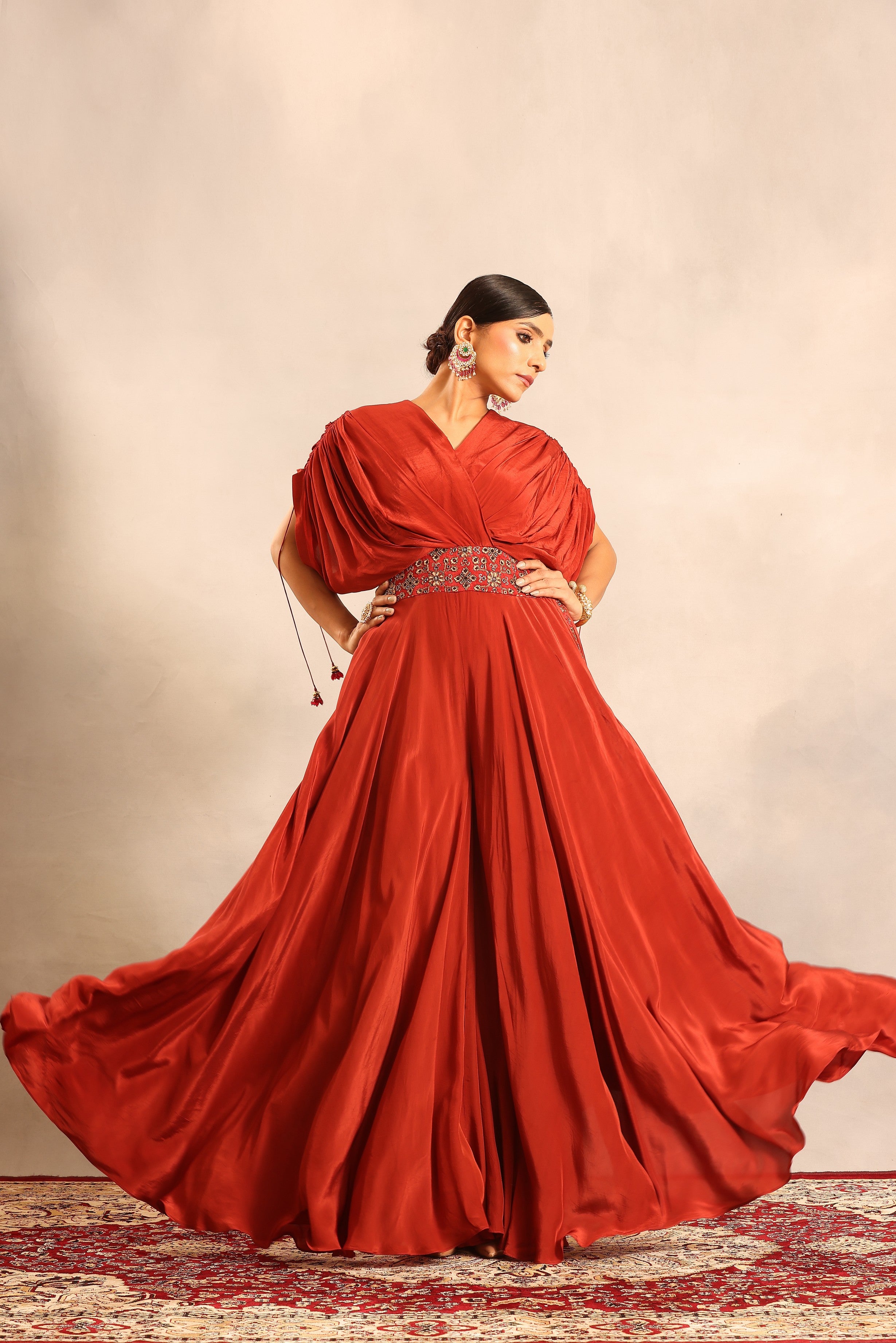 Red ajrakh embellished flared jumpsuit
