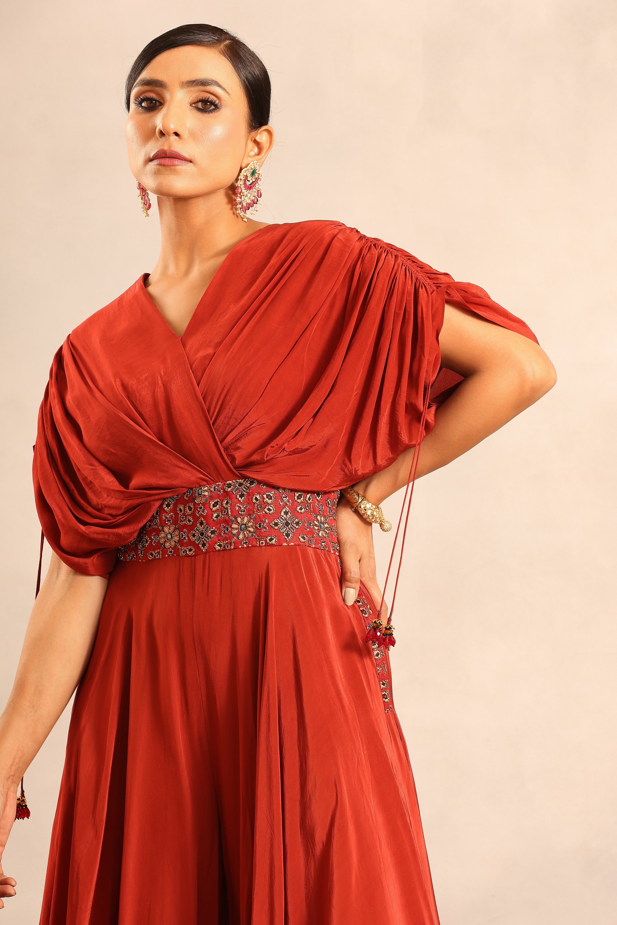 Red ajrakh embellished flared jumpsuit