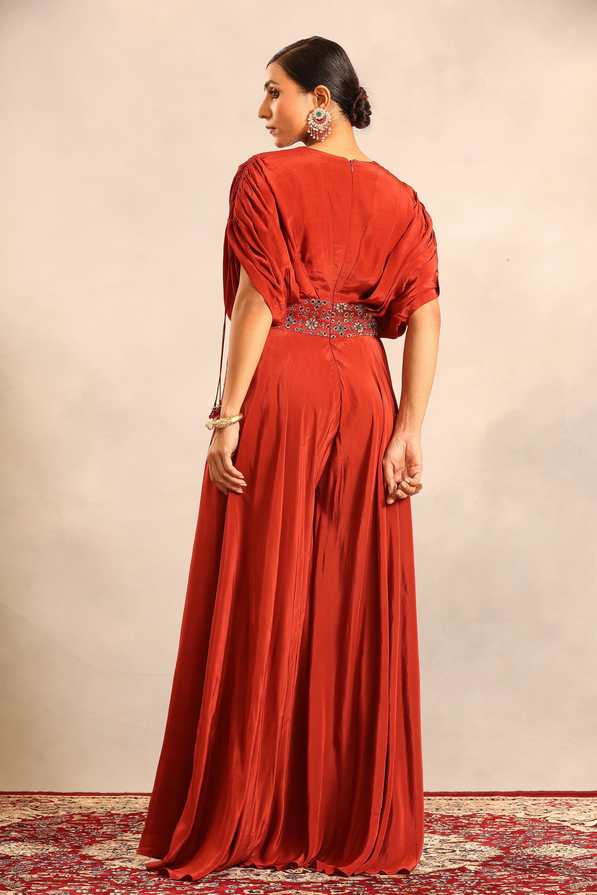 Red ajrakh embellished flared jumpsuit