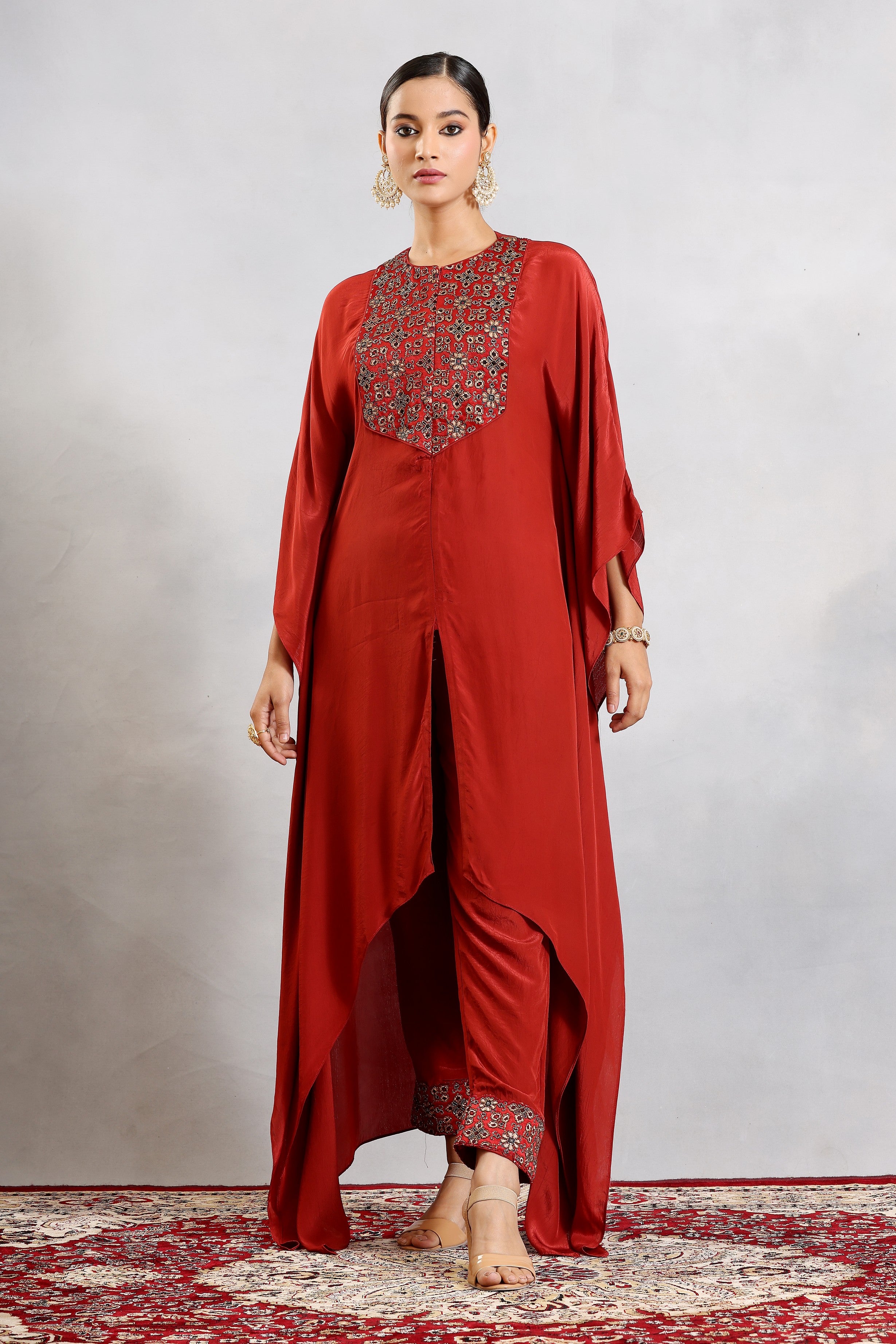 Maroon ajrakh embroidered yoke kaftan with pants