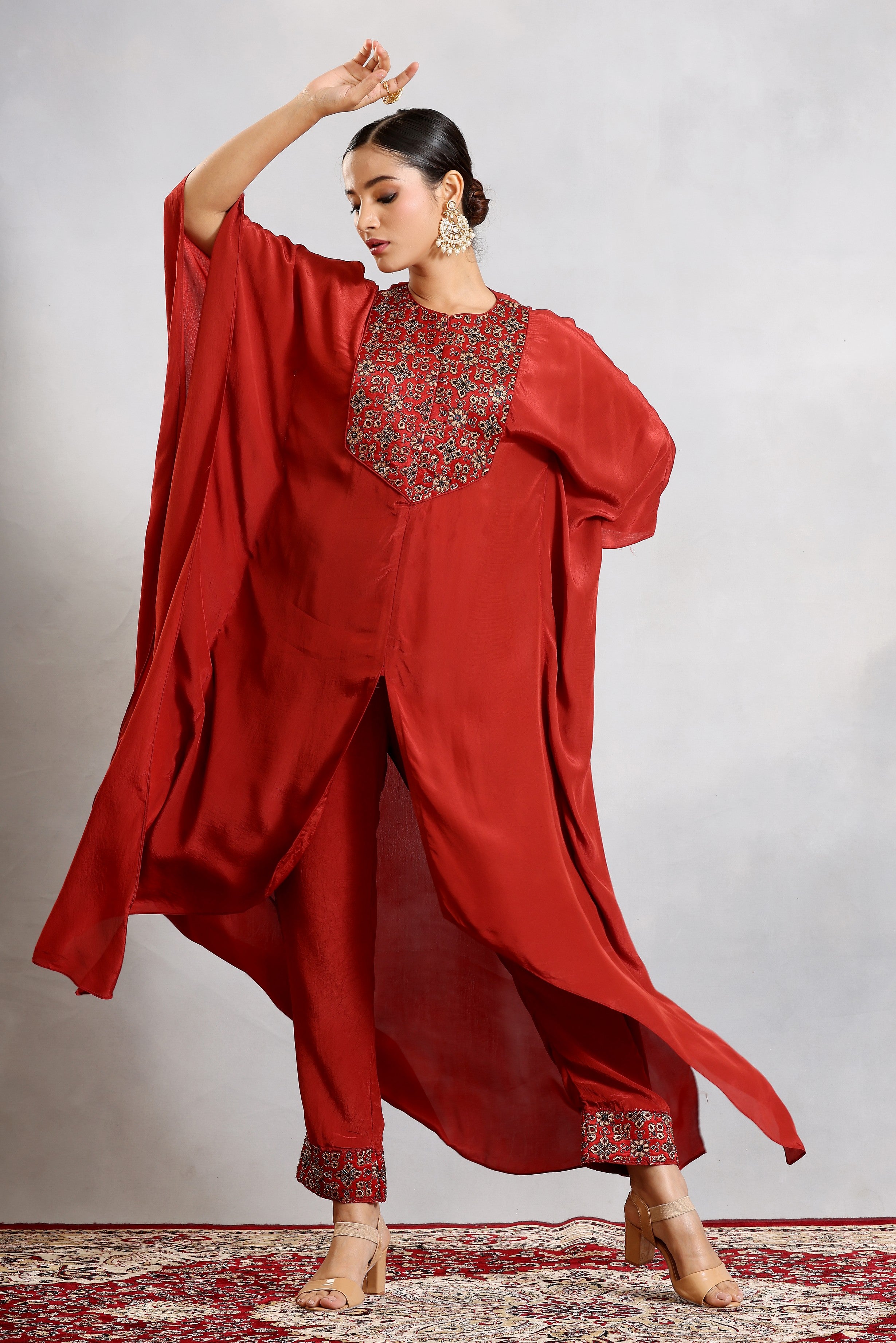 Maroon ajrakh embroidered yoke kaftan with pants
