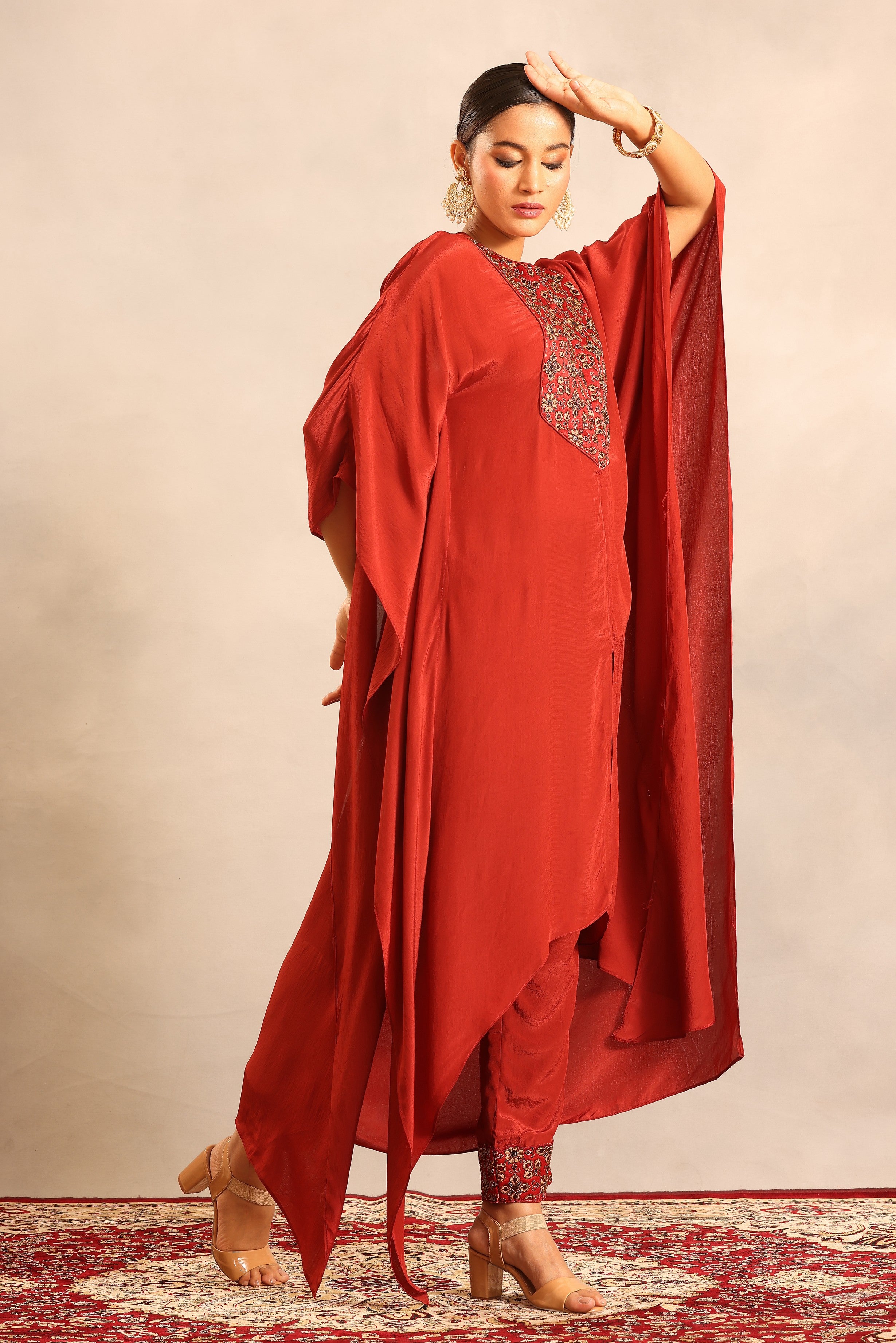 Maroon ajrakh embroidered yoke kaftan with pants