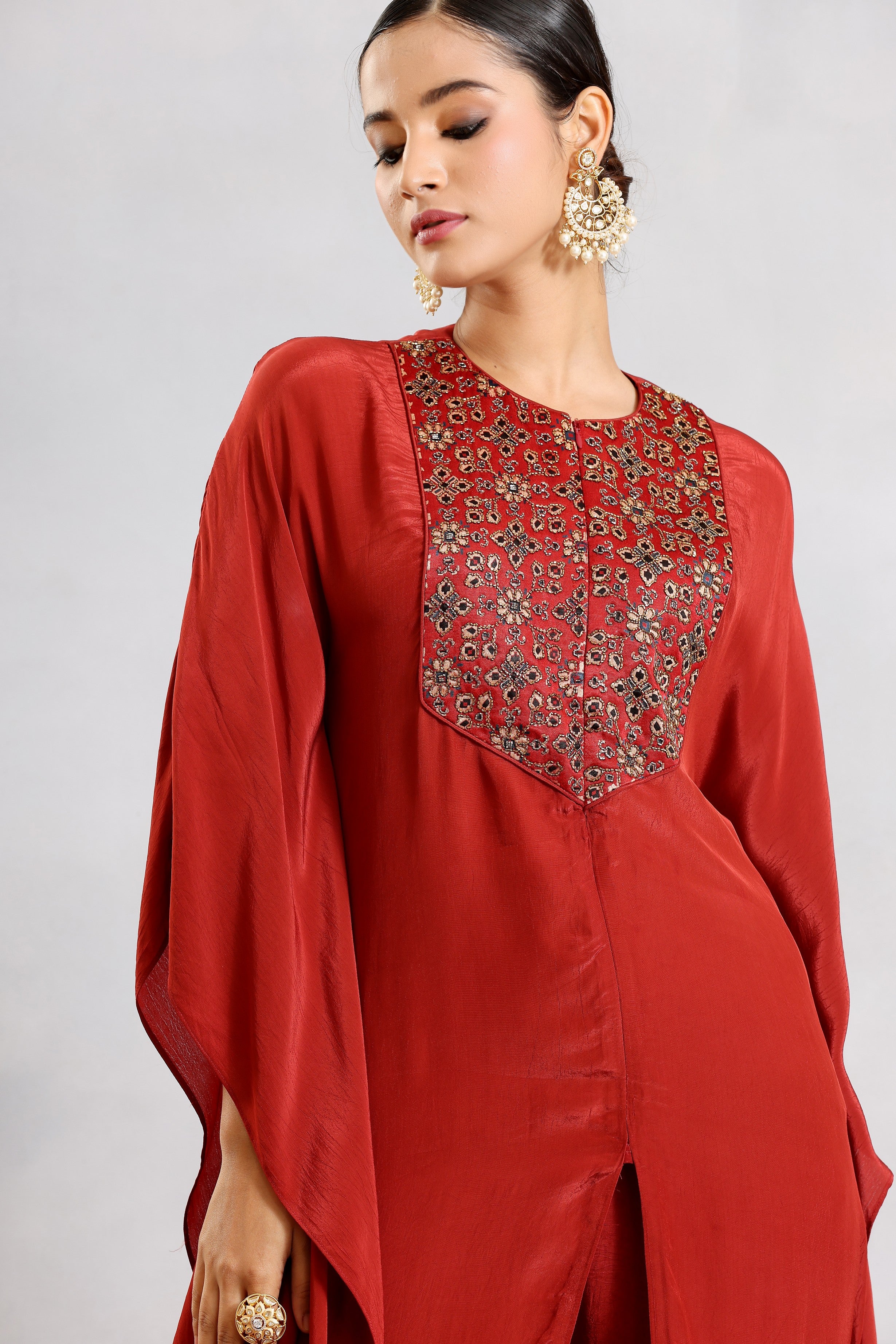 Maroon ajrakh embroidered yoke kaftan with pants