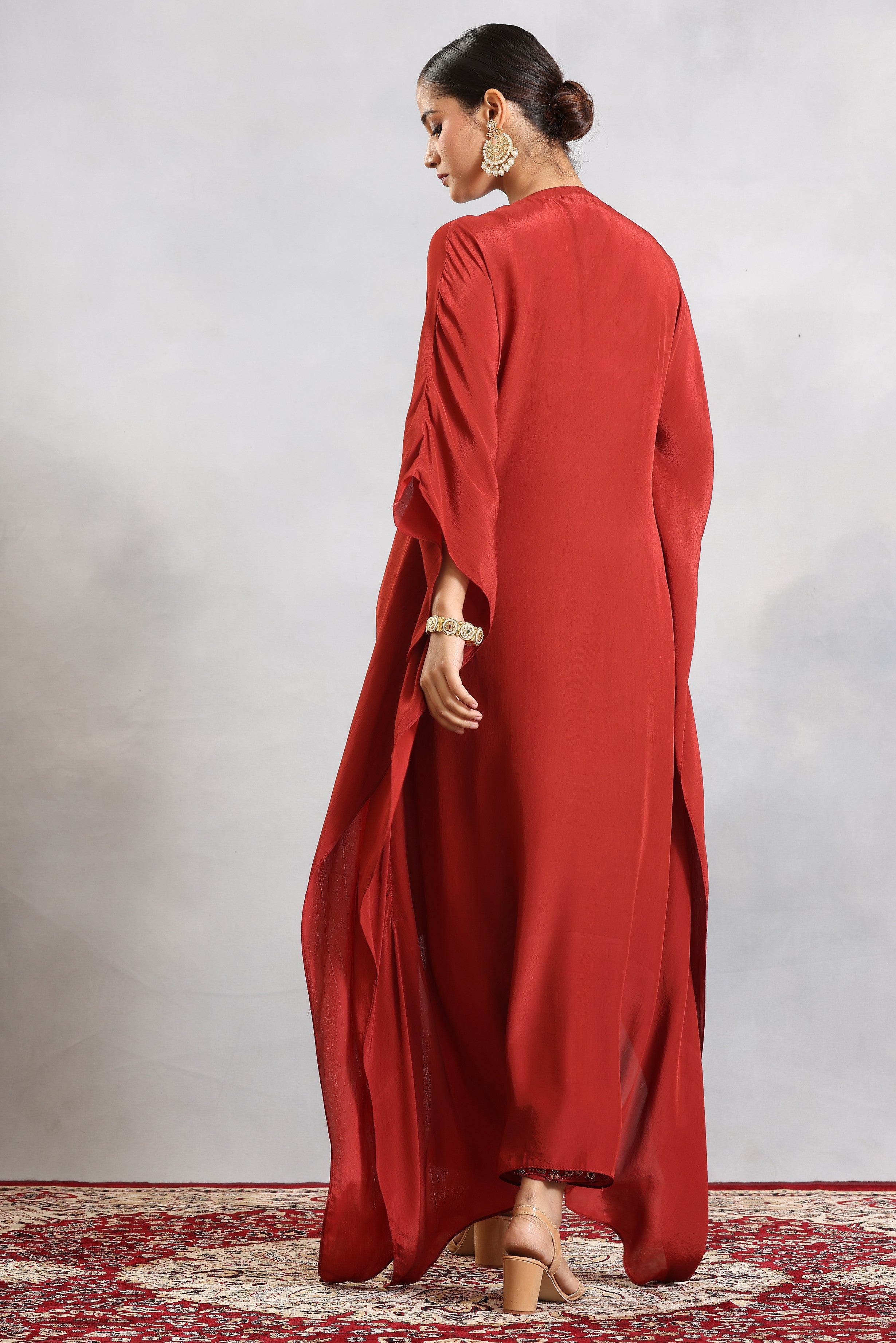 Maroon ajrakh embroidered yoke kaftan with pants