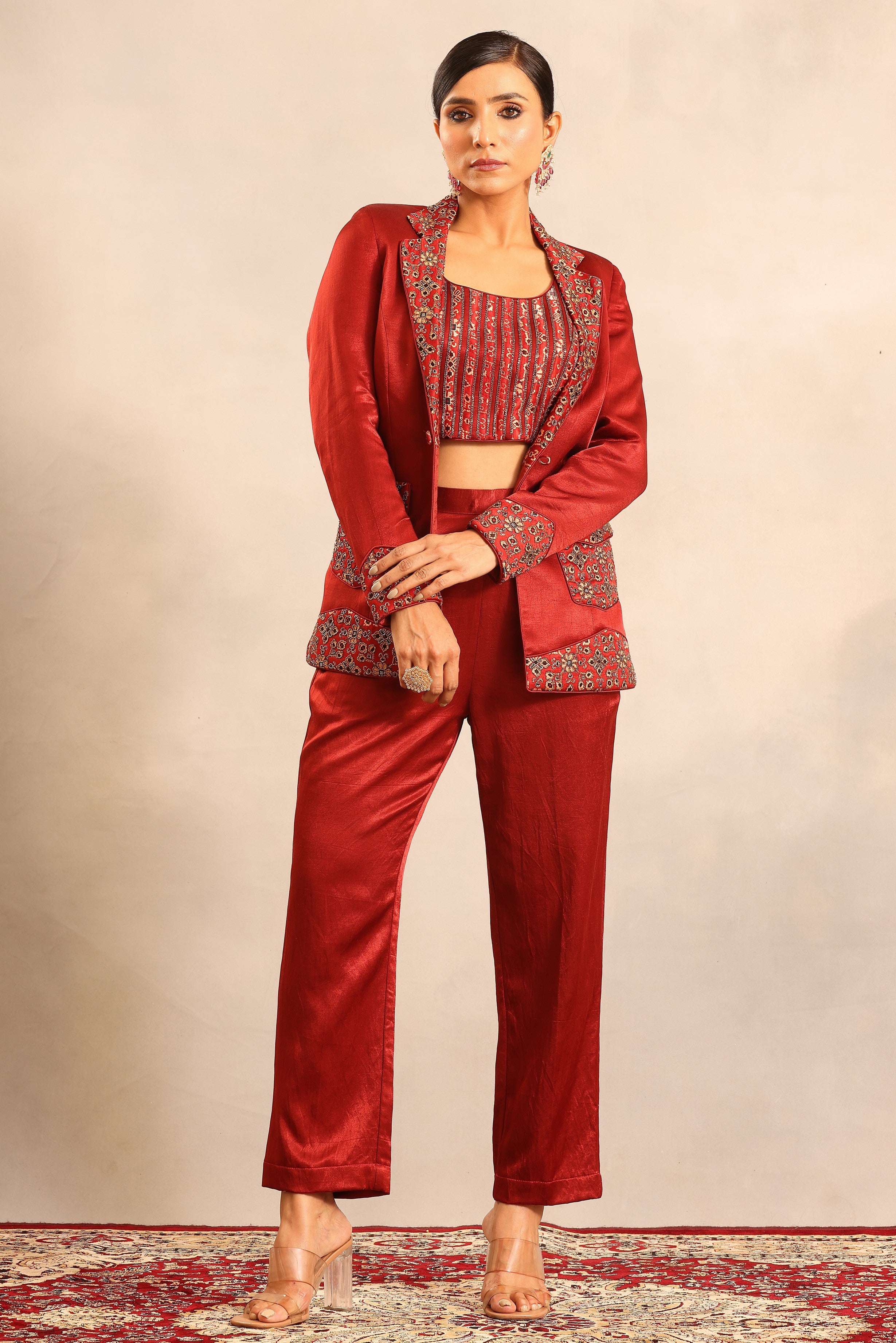 Maroon ajrakh embroidered stripwork blouse with embellished blazer and pants