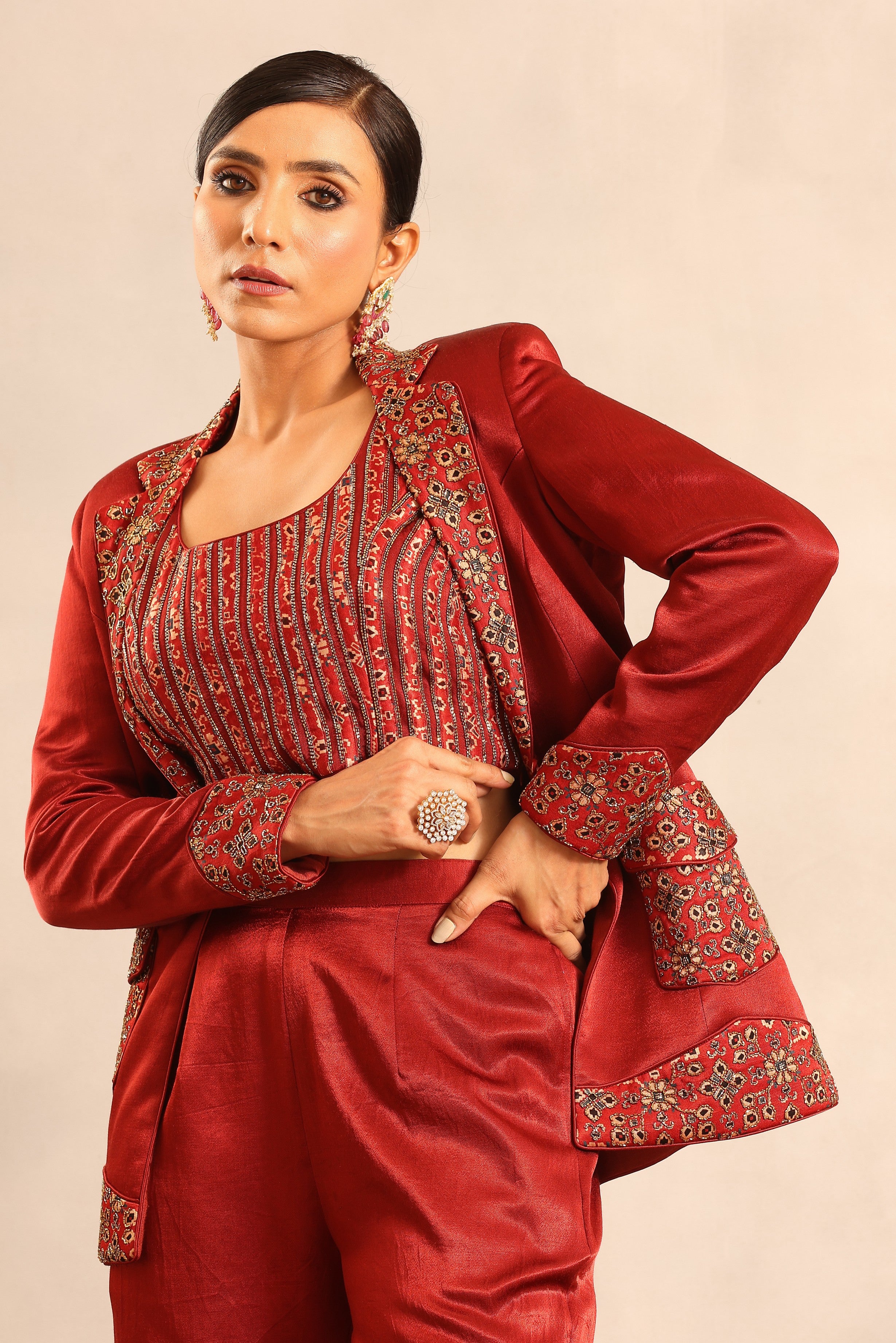 Maroon ajrakh embroidered stripwork blouse with embellished blazer and pants
